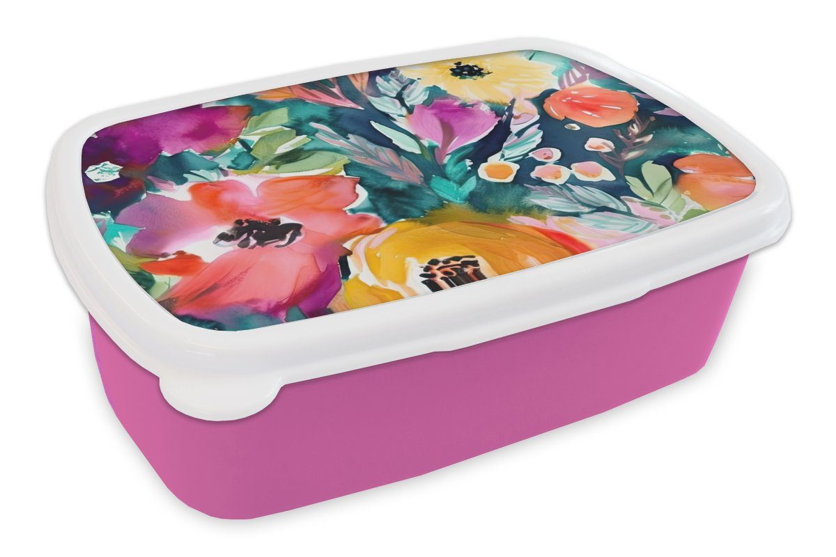 MuchoWow Lunchbox Blumen - Ölfarbe - Kunst - Natur, Kunststoff, (2-tlg), Brotbox für Erwachsene, Brotdose Kinder, Snackbox, Mädchen, Kunststoff rosa