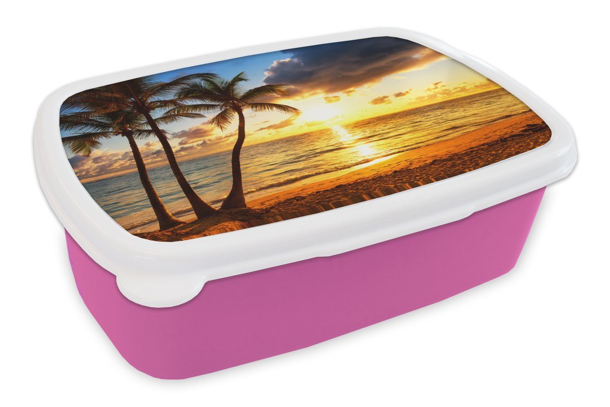 MuchoWow Lunchbox Strand - Horizont - Sonnenuntergang - Palme - Meer, Kunststoff, (2-tlg), Brotbox für Erwachsene, Brotdose Kinder, Snackbox, Mädchen, Kunststoff rosa