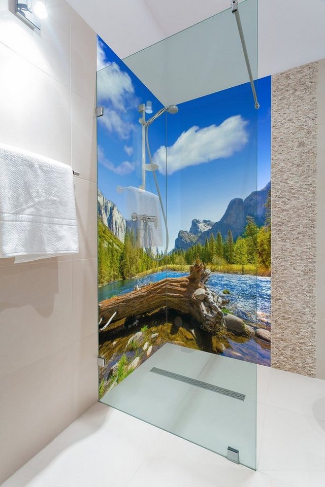 Thumbnail - Wallario Duschrückwand Baumstamm im Fluss zwischen Bergen und Wäldern, (2-tlg)