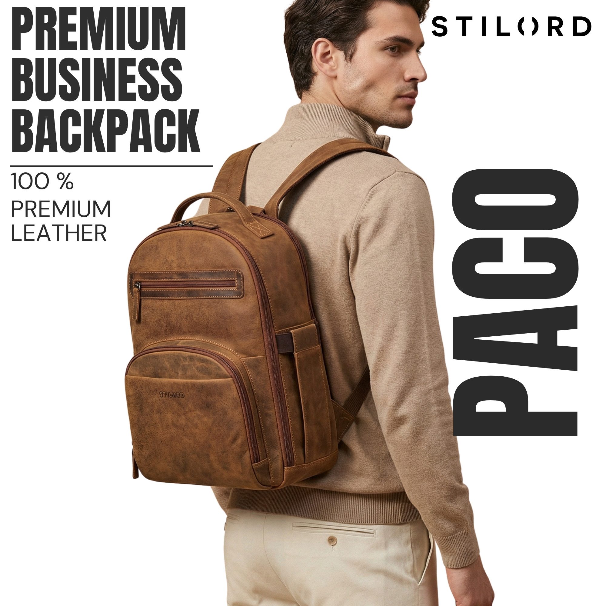 STILORD Notebookrucksack "Paco" Premium Business Rucksack Herren Leder Groß - 15,6 Zoll