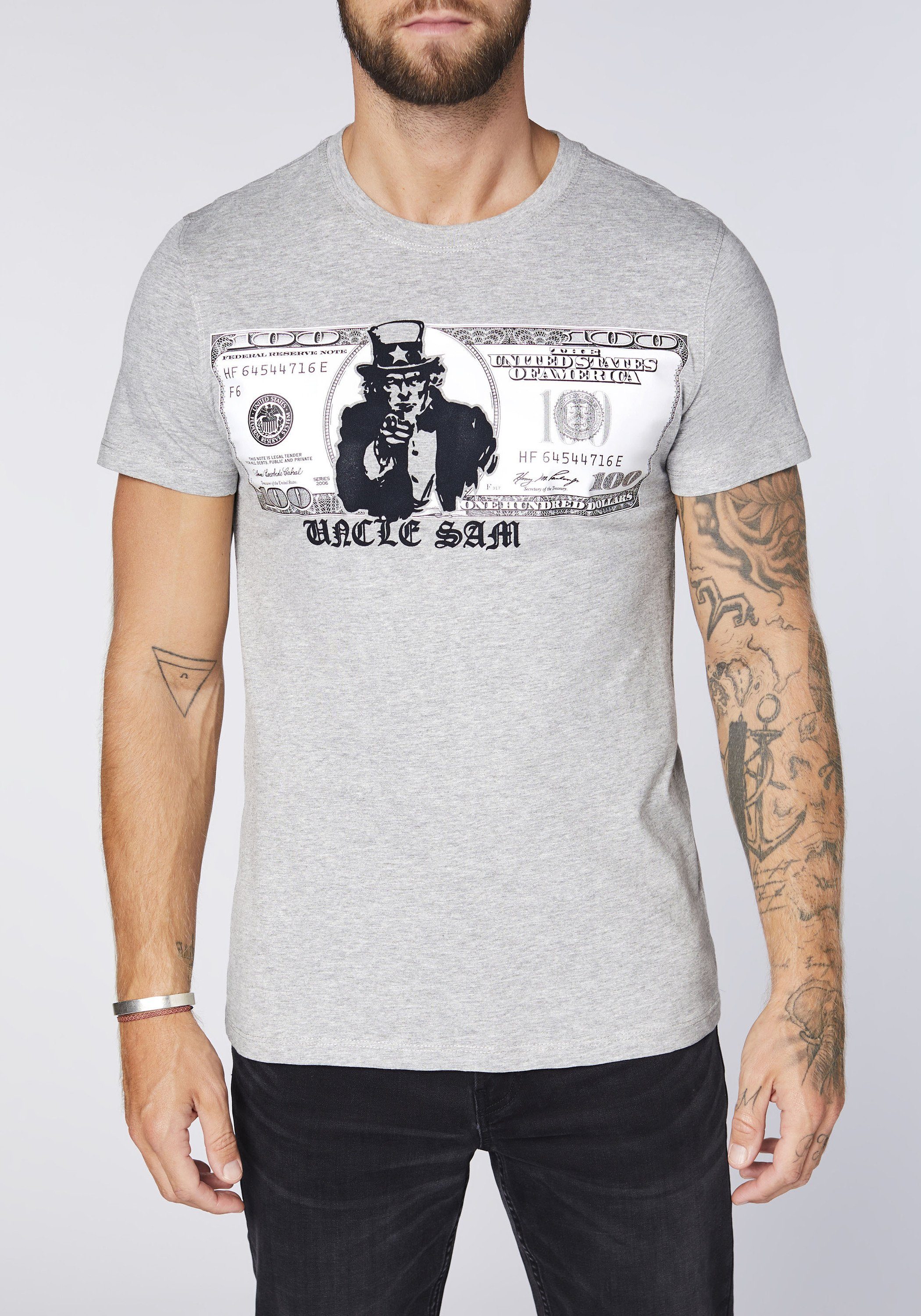 Uncle Sam Print-Shirt mit Frontprint Gray Neutral Melange 17-4402M