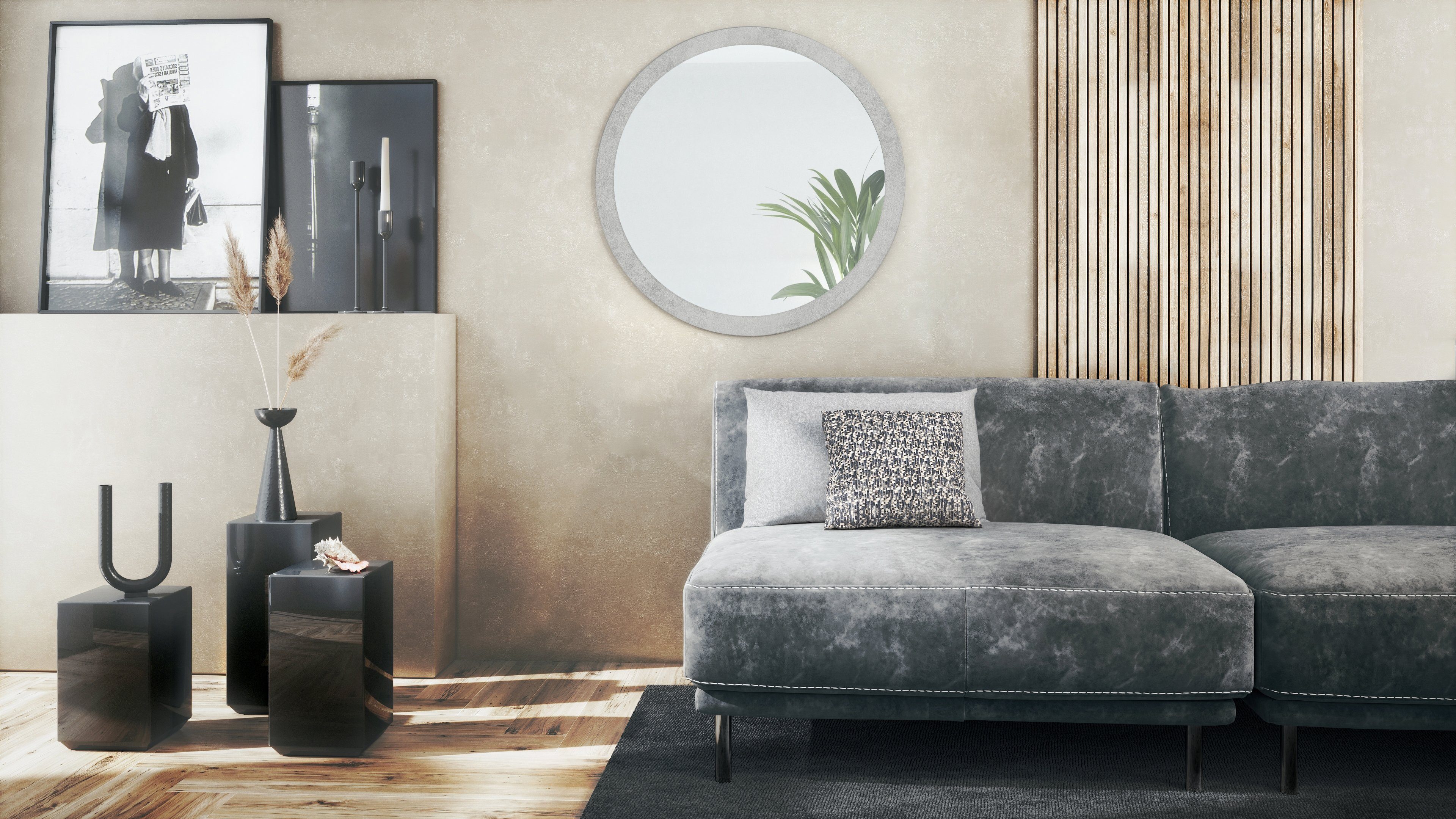 Spiegel, Wohnzimmer Vladon und mit Optik für Globe (dekorativer Flur in Beton (80 Durchmesser) runder Oxid Wandspiegel MDF-Rahmen), cm
