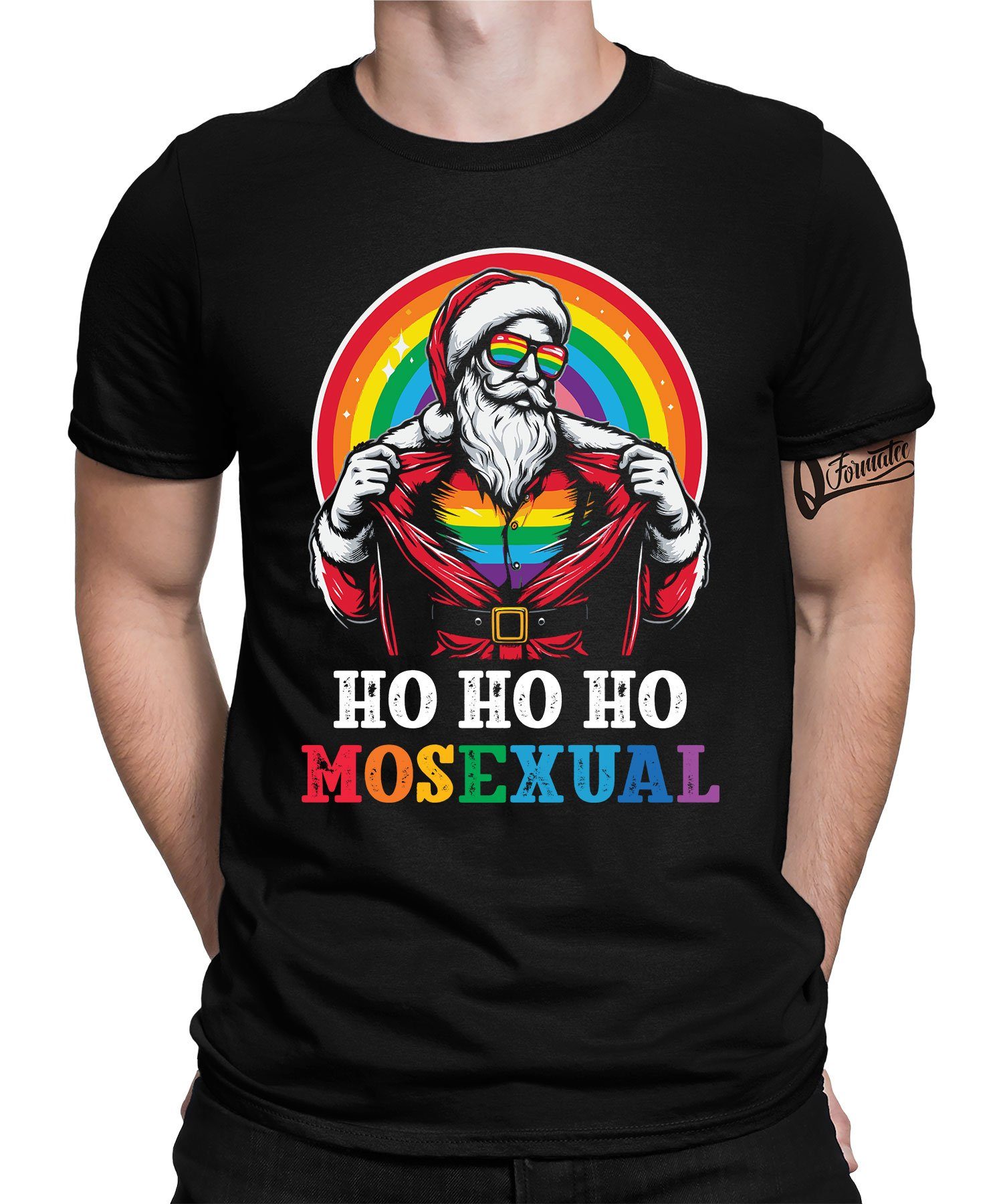 Quattro Formatee Regenbogen (1-tlg) Weihn Weihnachten X-mas - Kurzarmshirt Gay LGBT Schwarz Christmas Weihnachtsmann