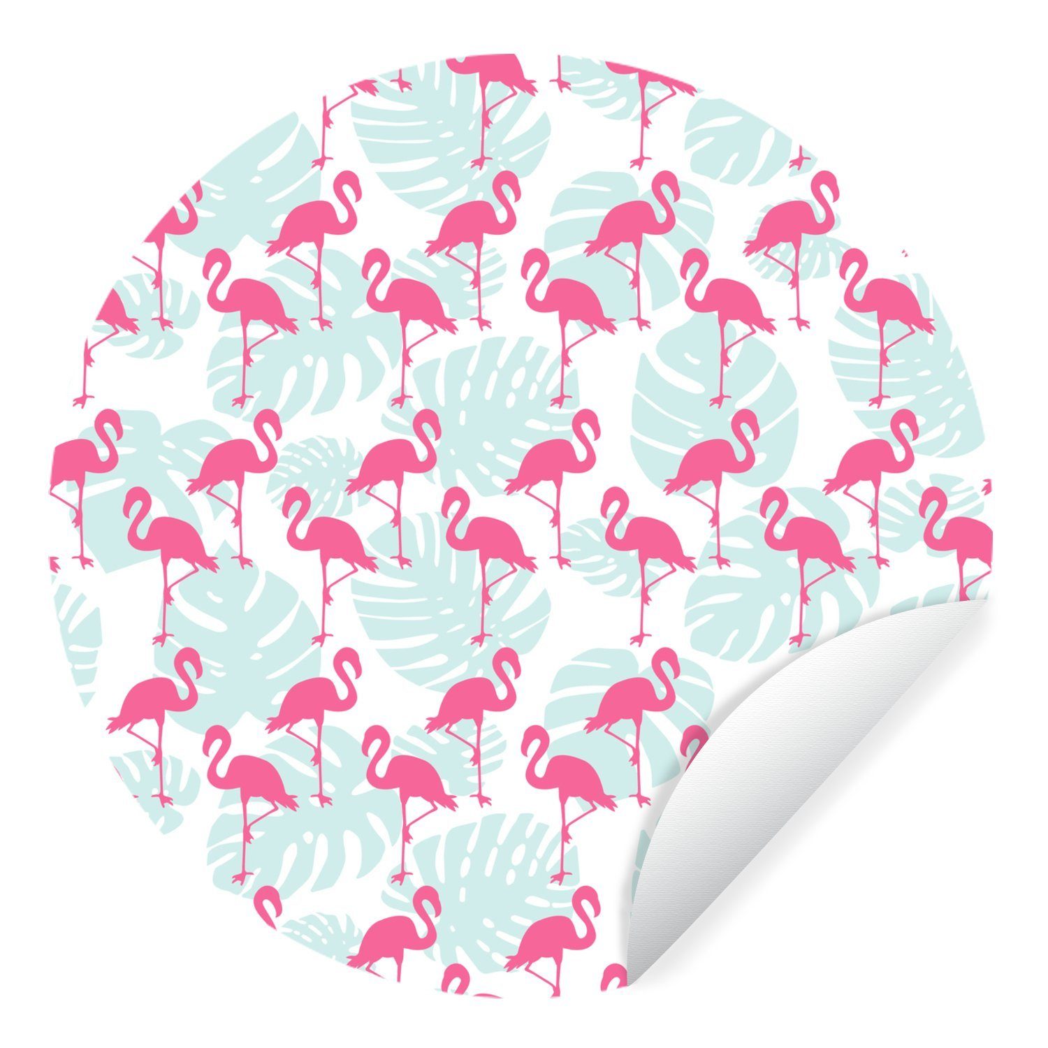 MuchoWow Wandsticker Flamingo - Blätter - Sommer (1 St), Tapetenkreis für Kinderzimmer, Tapetenaufkleber, Rund, Wohnzimmer