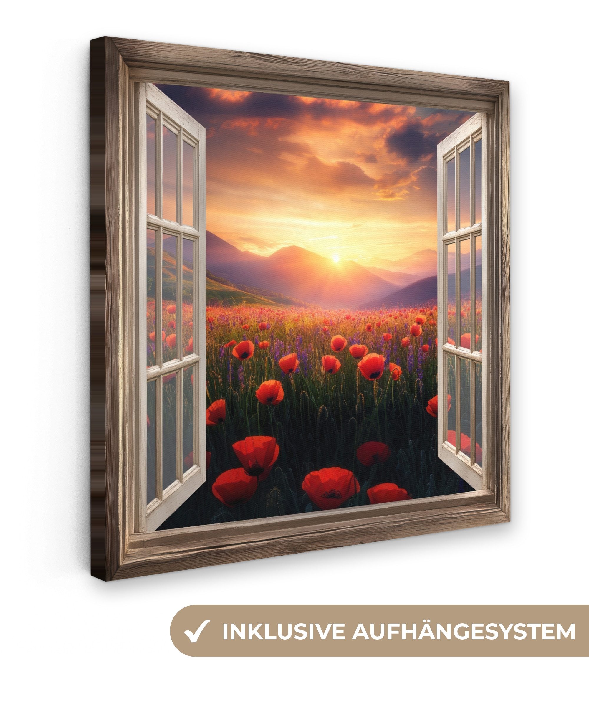 OneMillionCanvasses® Leinwandbild Fensterblick - Fenster - Mohnblumen - Blumen - Rot - Offenes Fenster, Fotodruck (1 St), Wandbild, Deko Schlafzimmer Wohnzimmer Flur 20x20 cm