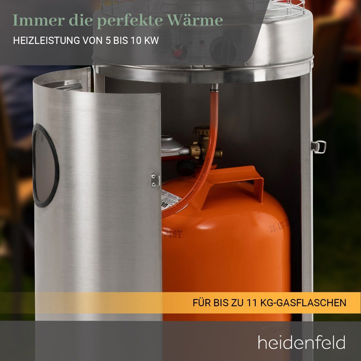 W, 5/10 Terrasse Wärmestrahler Edelstahl 10000 Druckminderer GH200/300 - - Heidenfeld kW, 2 und Stufen Heizstrahler Schlauch - inkl. Überhitzungsschutz Gas - - Heizpilz
