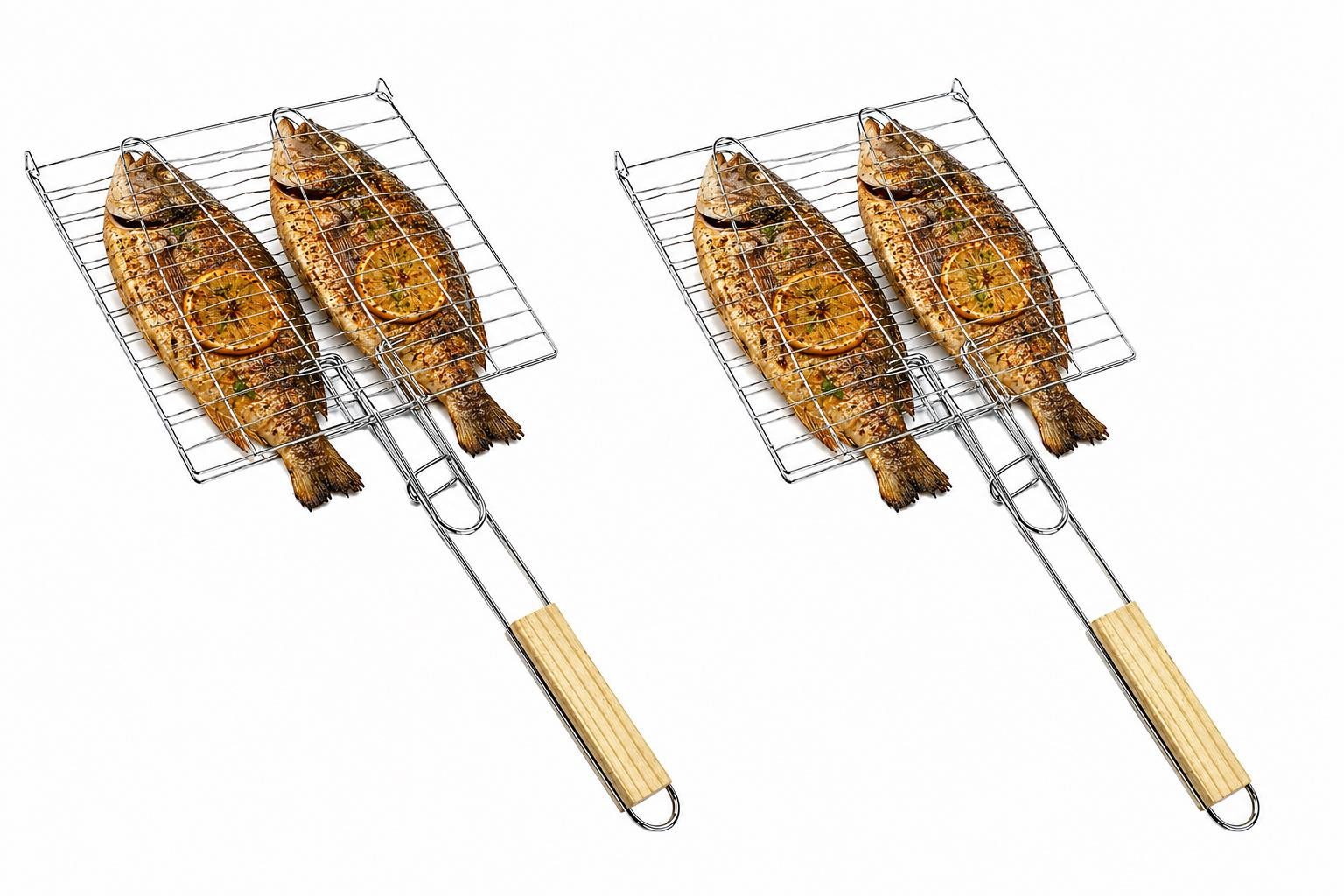 BAYLI Grillspieß Fischbräter 2er Set mit Holzgriff 23,5 x 23,5 cm – Fischkorb Grillkorb