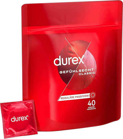 durex Kondome Gefühlsecht Classic mit anatomischer Easy-On-Form & Silikongleitgel Vorratspack, 40 St., ultra dünn, für intensives Gefühl
