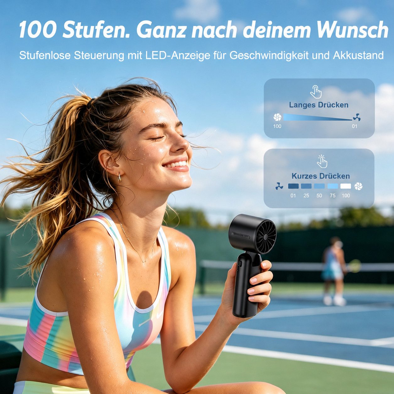 nsihing Handventilator Handventilator 3-in-1, Turbo Ventilator USB-C 4000 mAh, 1–100 Stufen, LED Anzeige & Halbleiter-Kühlung