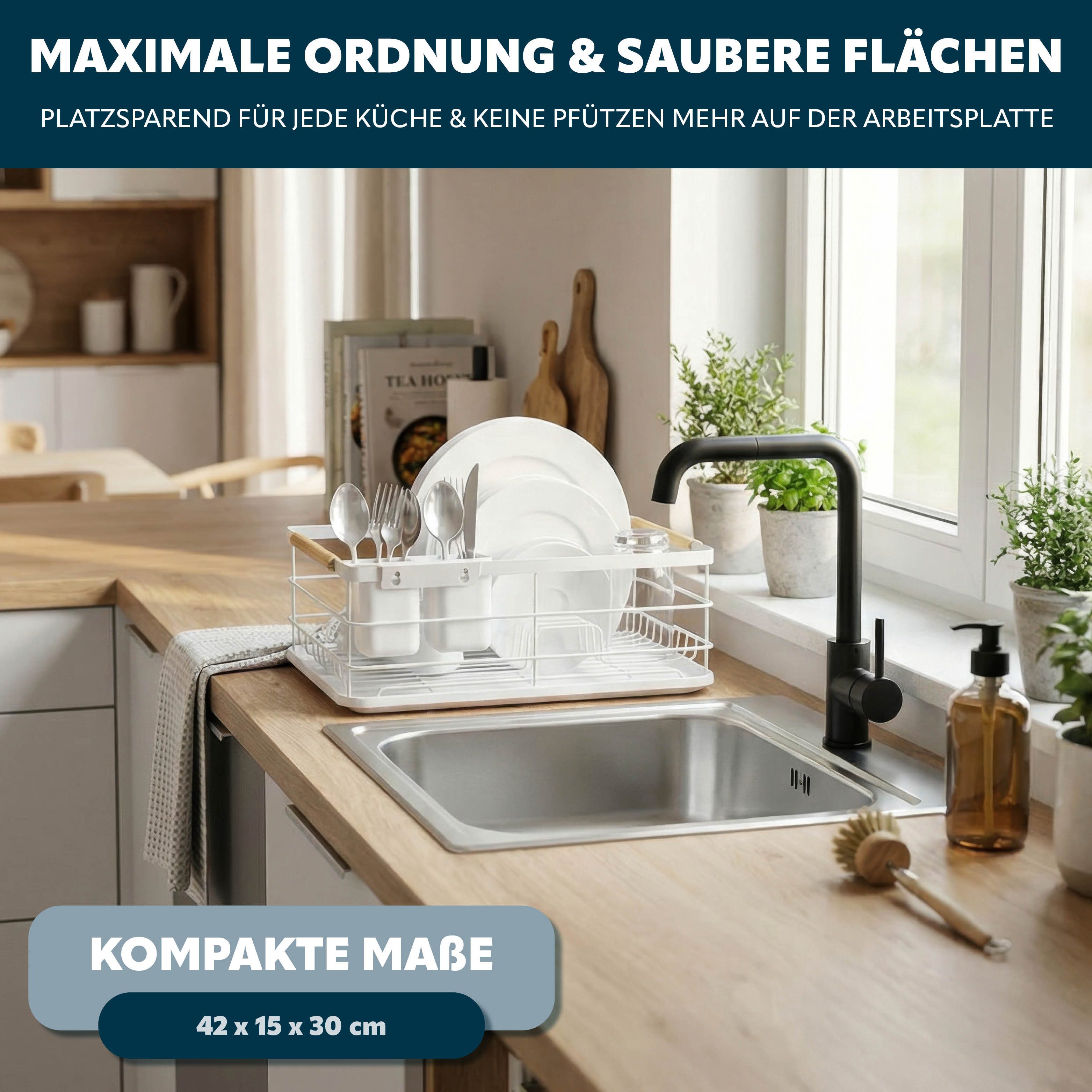 eluno Geschirrständer Metall-Abtropfgestell mit Abtropfschale für Geschirr mit Besteckhalter – Bild 2 von 5