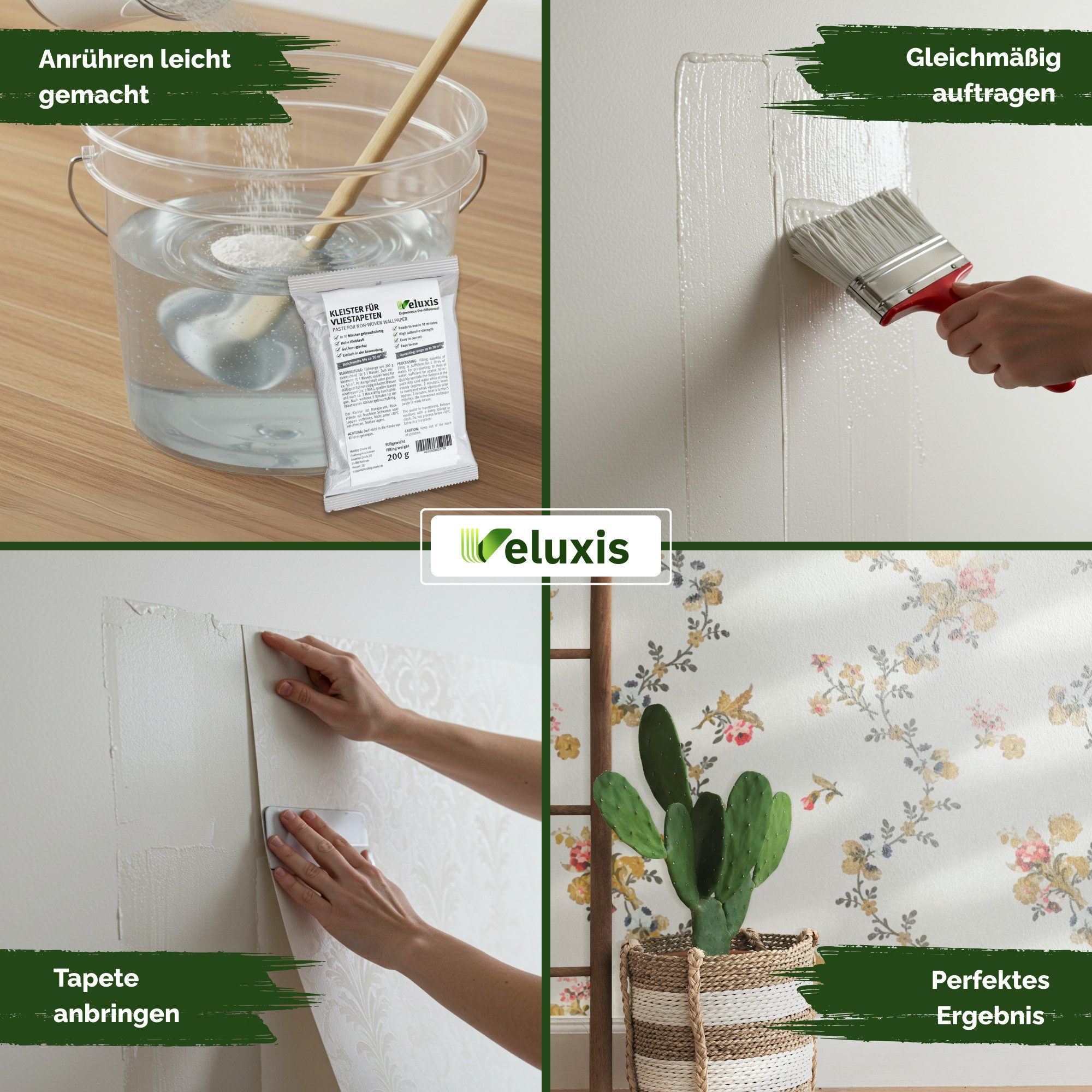 Veluxis Kleister Veluxis® Vliestapetenkleister, (1-tlg), Starke Klebkraft, fleckenfrei & korrigierbar, 1 Beutel = 30 qm