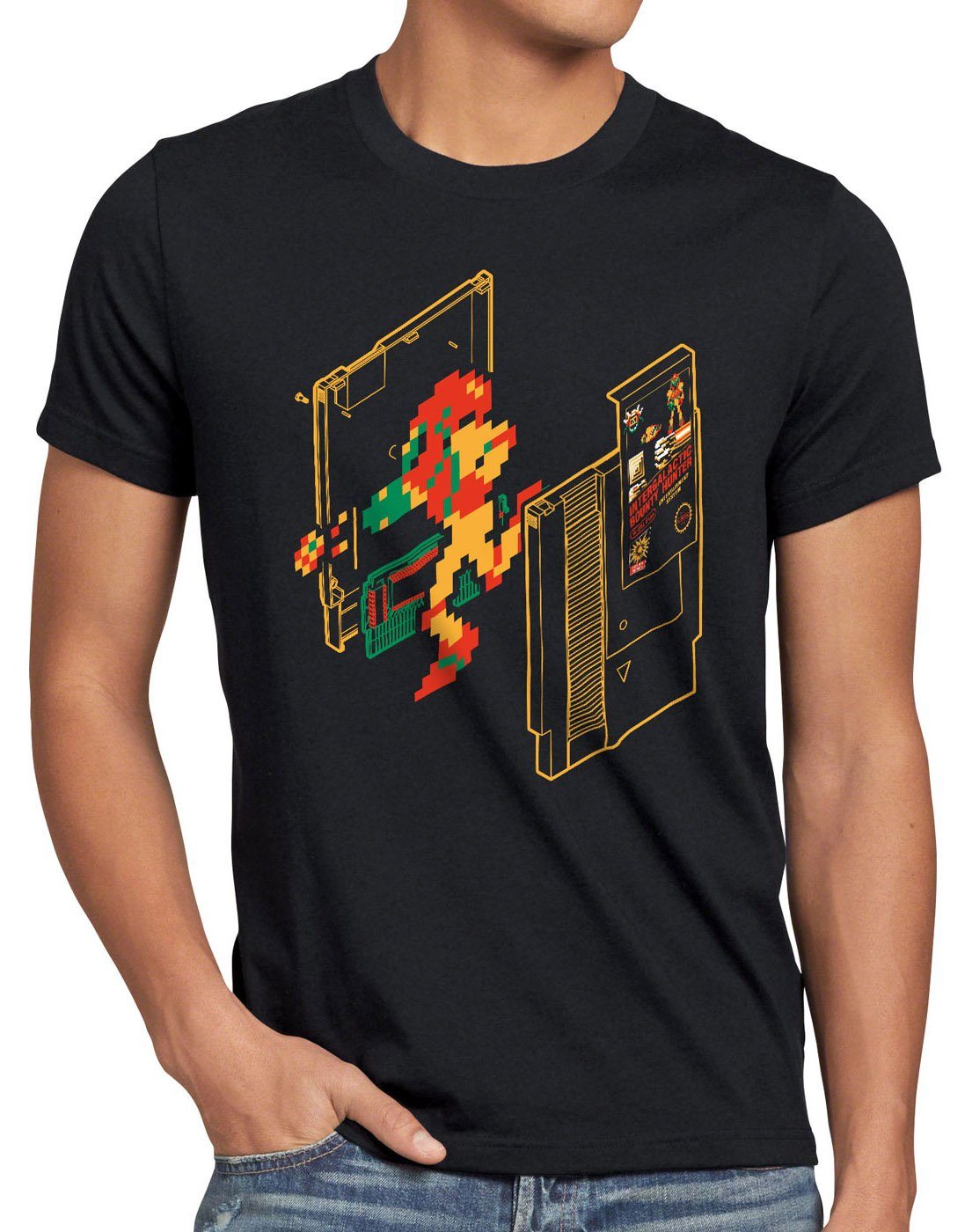 style3 Print-Shirt Herren T-Shirt Retro Samus classic gamer switch nes 8-Bit schwarz