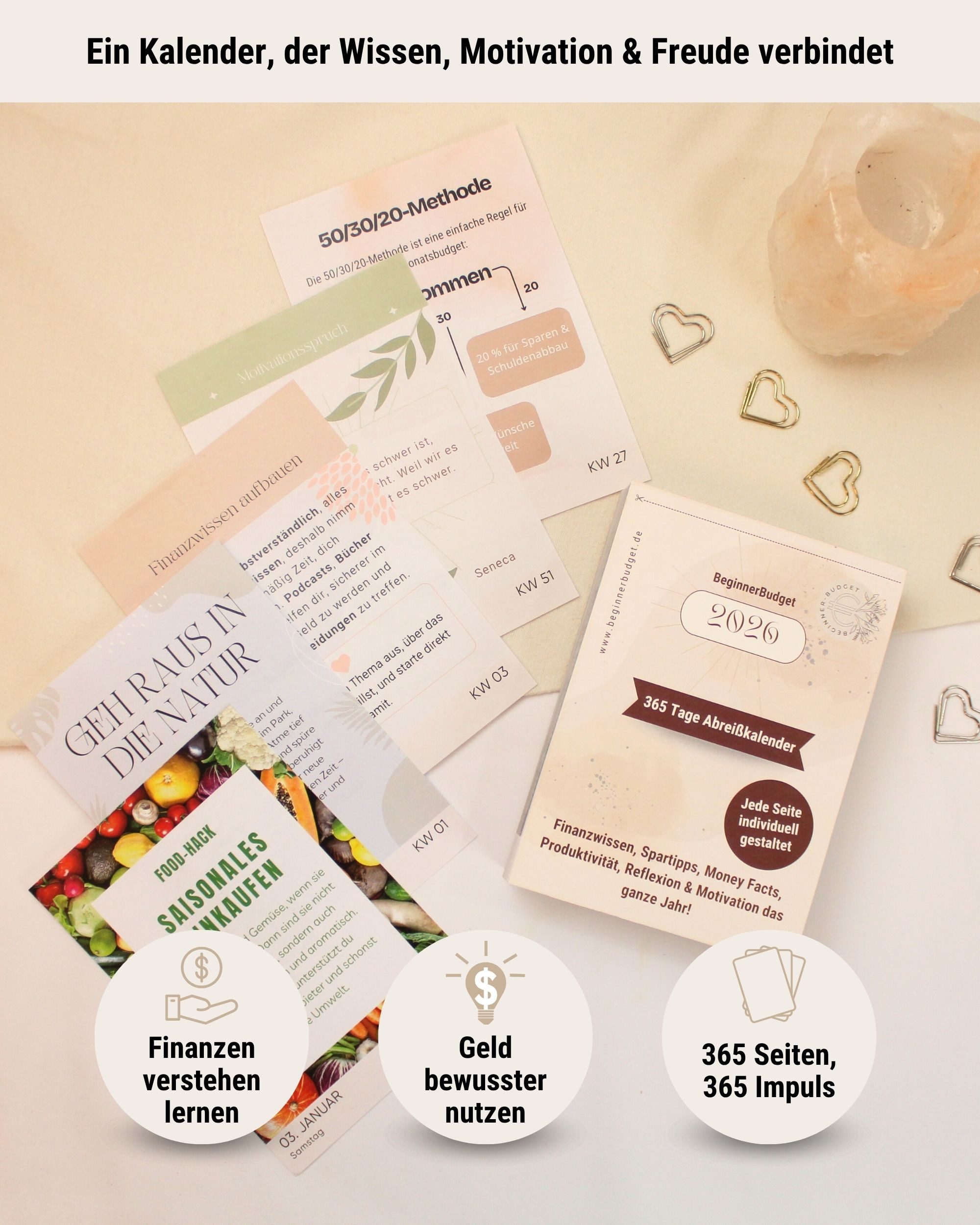 BeginnerBudget Schreibtischkalender Abreisskalender 2026 Täglich zur Motivation Achtsamkeitskalender 365, mit Finanztipps & Übungen, Tischaufsteller