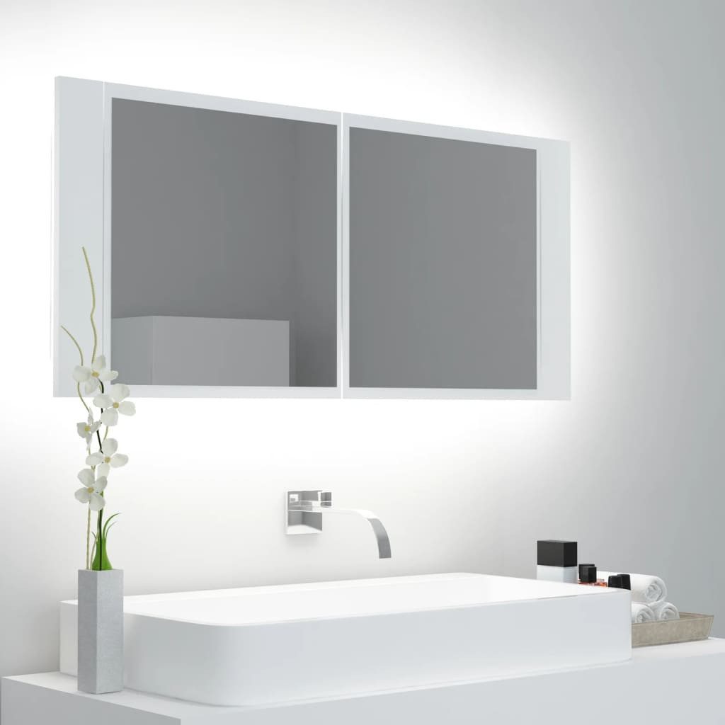 furnicato Badezimmerspiegelschrank LED-Spiegelschrank Weiß 100 x 12 x 45 cm mit RGB-Licht und (1-St) Badregal mit Acrylspiegel, zwei Regalböden und Wandmontage-Option