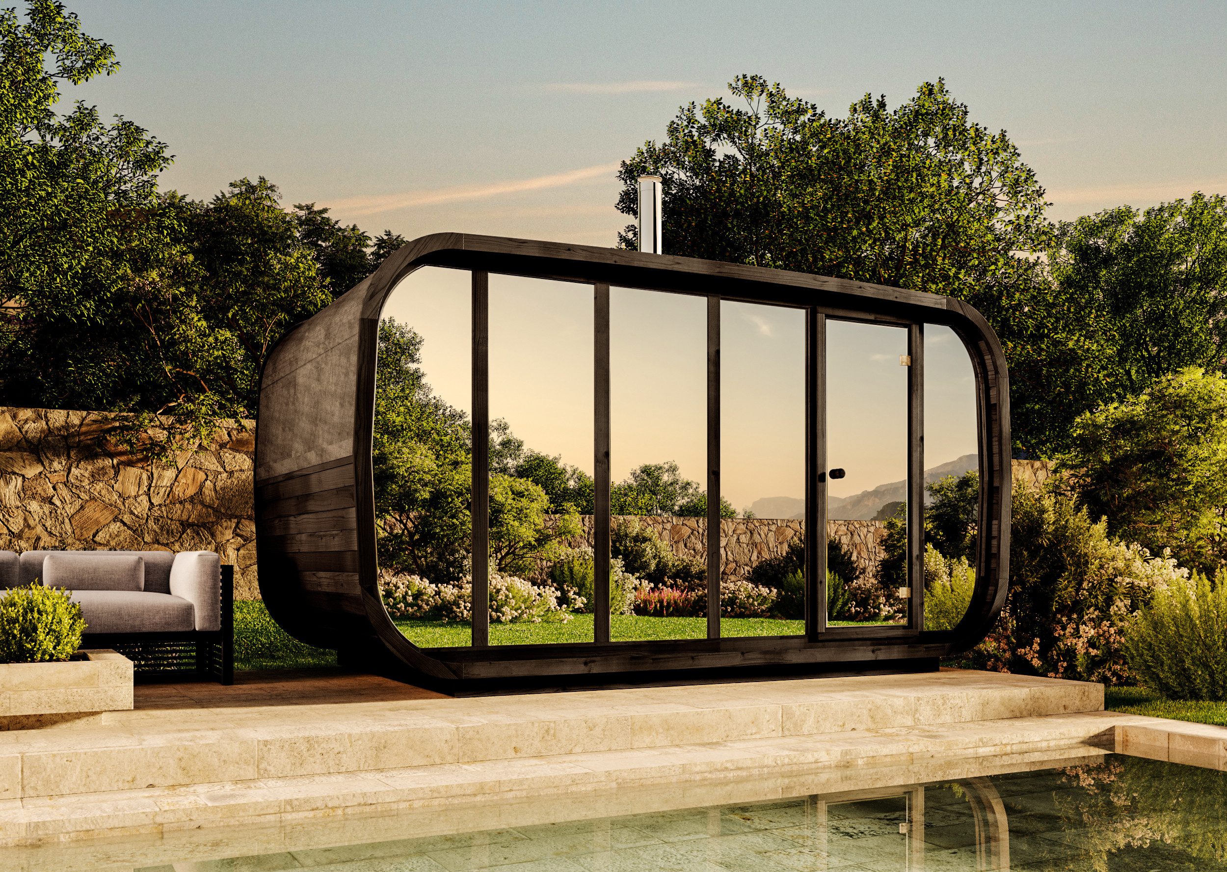 FinnTherm Fasssauna ScandiCube Space, BxTxH: 420 x 230 x 230 cm, 42 mm, in Schwarz Inkl. Fußboden