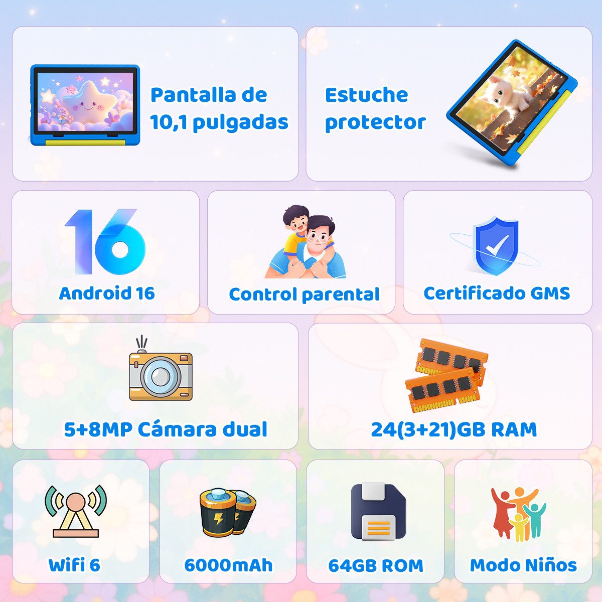 BUFO 10'' Android 64GB 1280x800 HD IPS WiFi 6 Lern Kinder Tablet (10", 64 GB, Android 16, 5G WiFi, Kids Bumper Blau, Elterliche Kontrolle, Anti-Blaulicht) – Bild 5 von 5