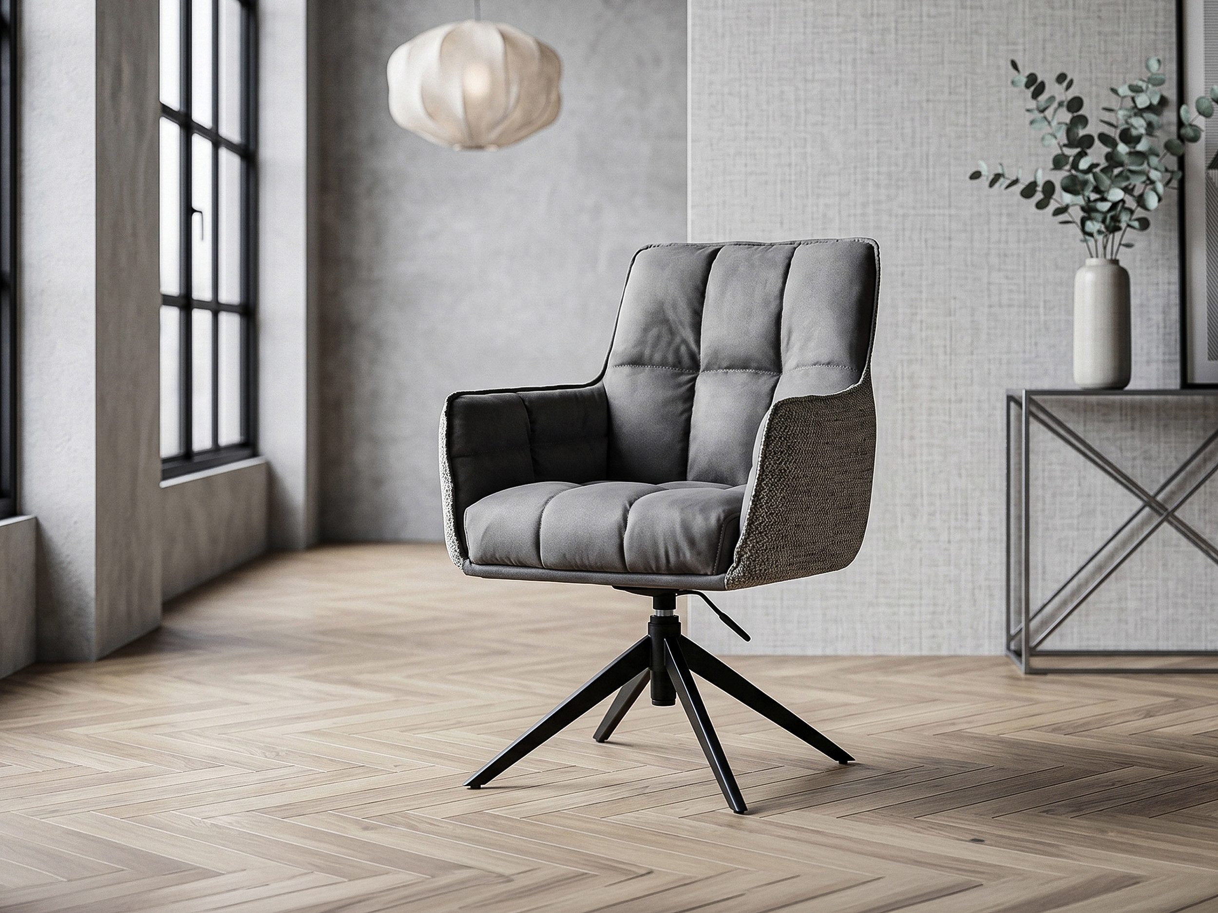 Massivart® Polsterstuhl höhenverstellbar, 360° Drehfunktion, Esszimmerstuhl Webstoff »KALVO«, Armlehnen · Federkorb · Metallgestell schwarz pulverbeschichtet