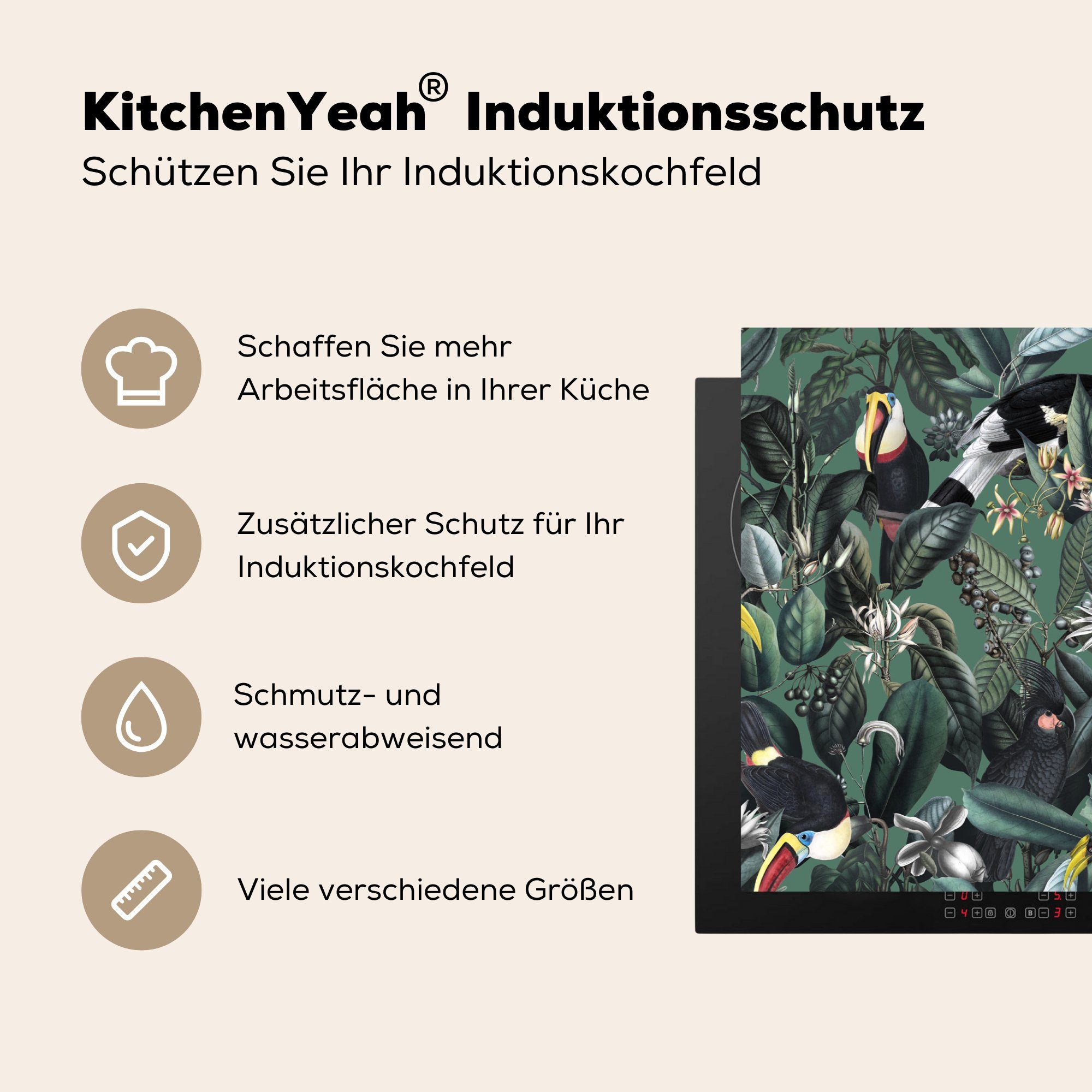 MuchoWow Herdblende-/Abdeckplatte Blumen - Vogel (1 tlg), cm, Ceranfeldabdeckung 81x52 - für Vinyl, Schutz die Induktionskochfeld küche, Blätter