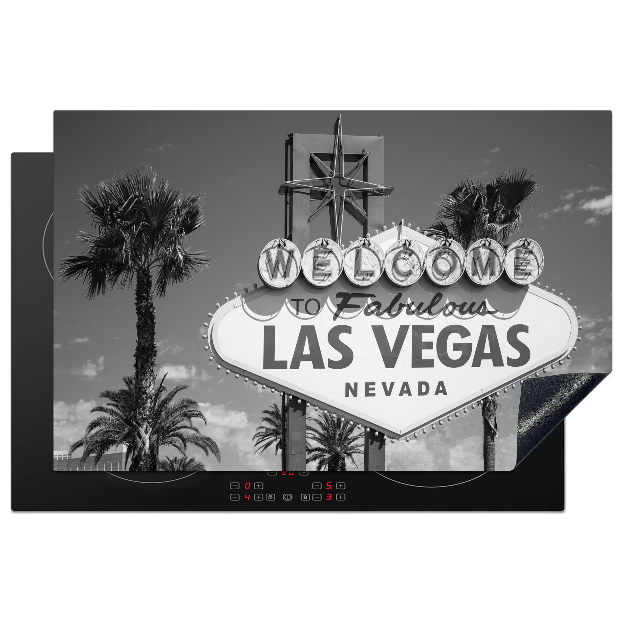 cm, Vinyl, küche, Herdblende-/Abdeckplatte Schutz Las Vegas, Willkommensschild tlg), 81x52 aus Schwarz-weißes für die Ceranfeldabdeckung MuchoWow Induktionskochfeld (1