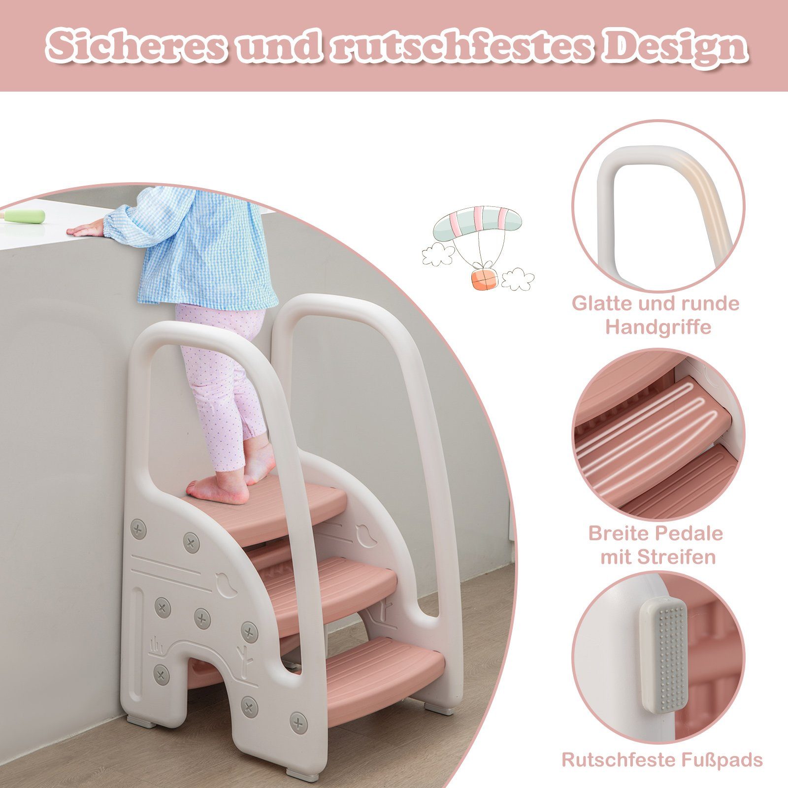 COSTWAY Tritthocker 3 stufig Kinder rosa Griffe, mit 50kg bis Trittschemel