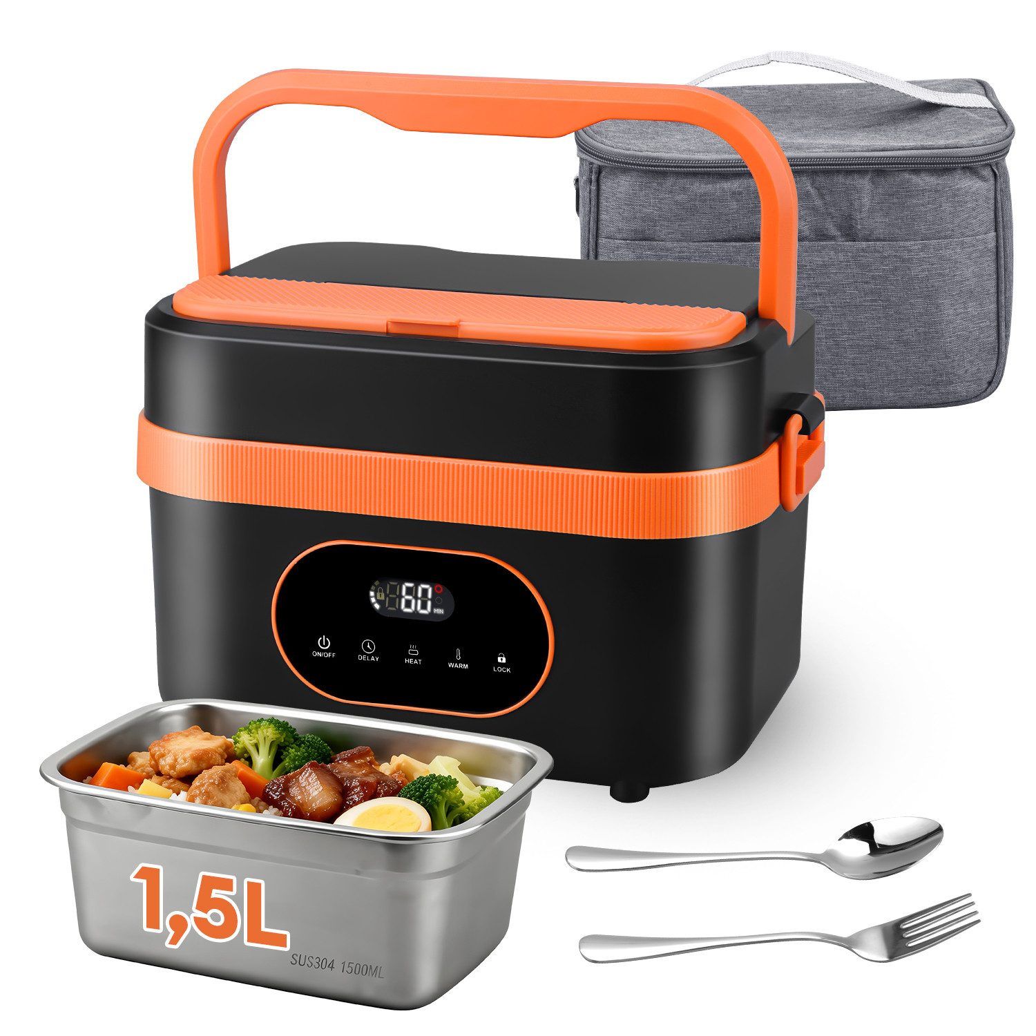 CkeyiN Elektrische Lunchbox Kabellos 1,5 L Batteriebetrieben Beheizbare Lunchbox 18000mAh, 60W selbstheizender Speisenwärmer für Büro Auto Reisen