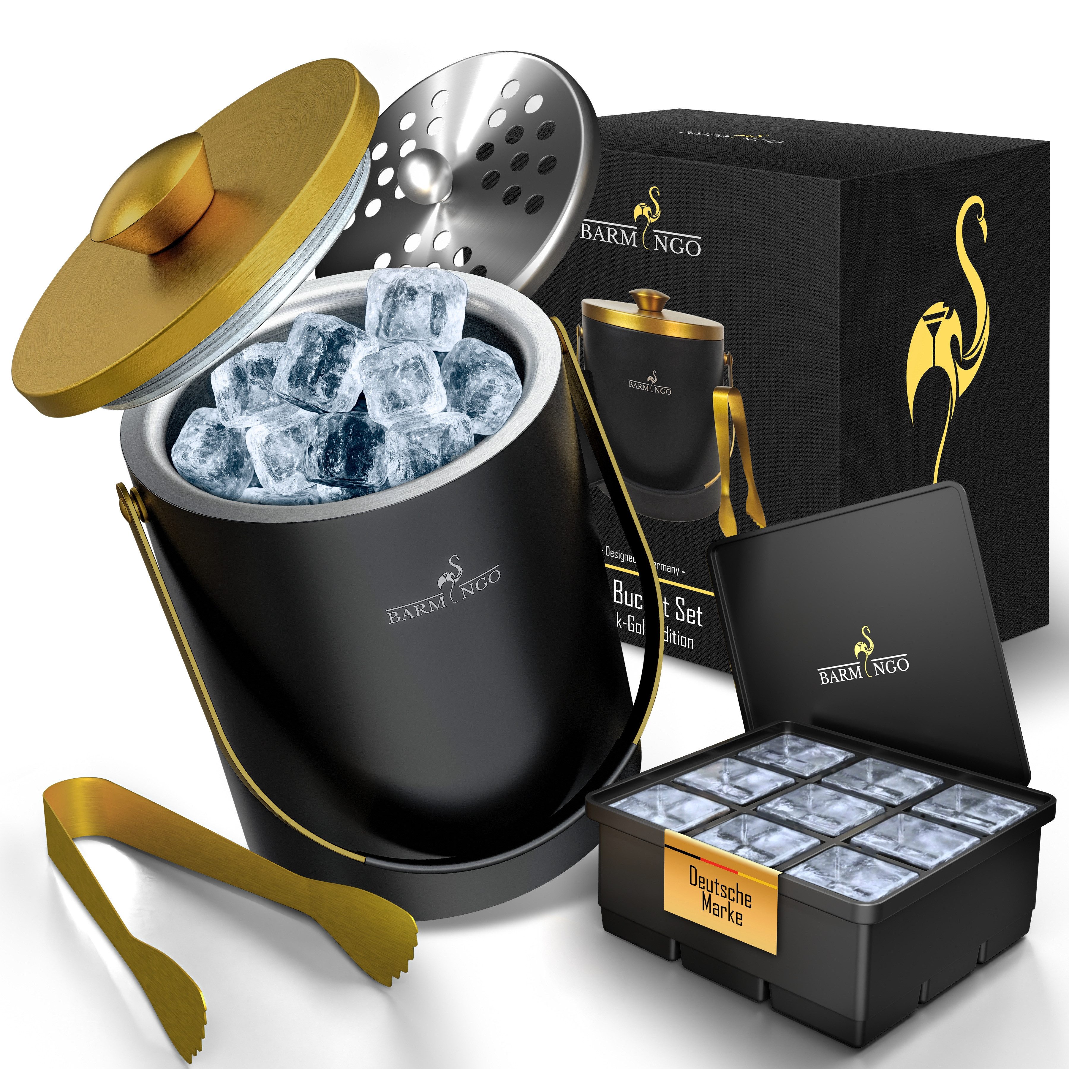 BARMINGO Eiswürfelbehälter mit Deckel (2 Liter), Edelstahl Eiskübel, (Eisbehälter Set, 3-tlg., mit Sieb, XXL Silikon Eiswürfelform & Zange), Eiseimer doppelwandig, isoliert, BPA-frei, Silikondeckel