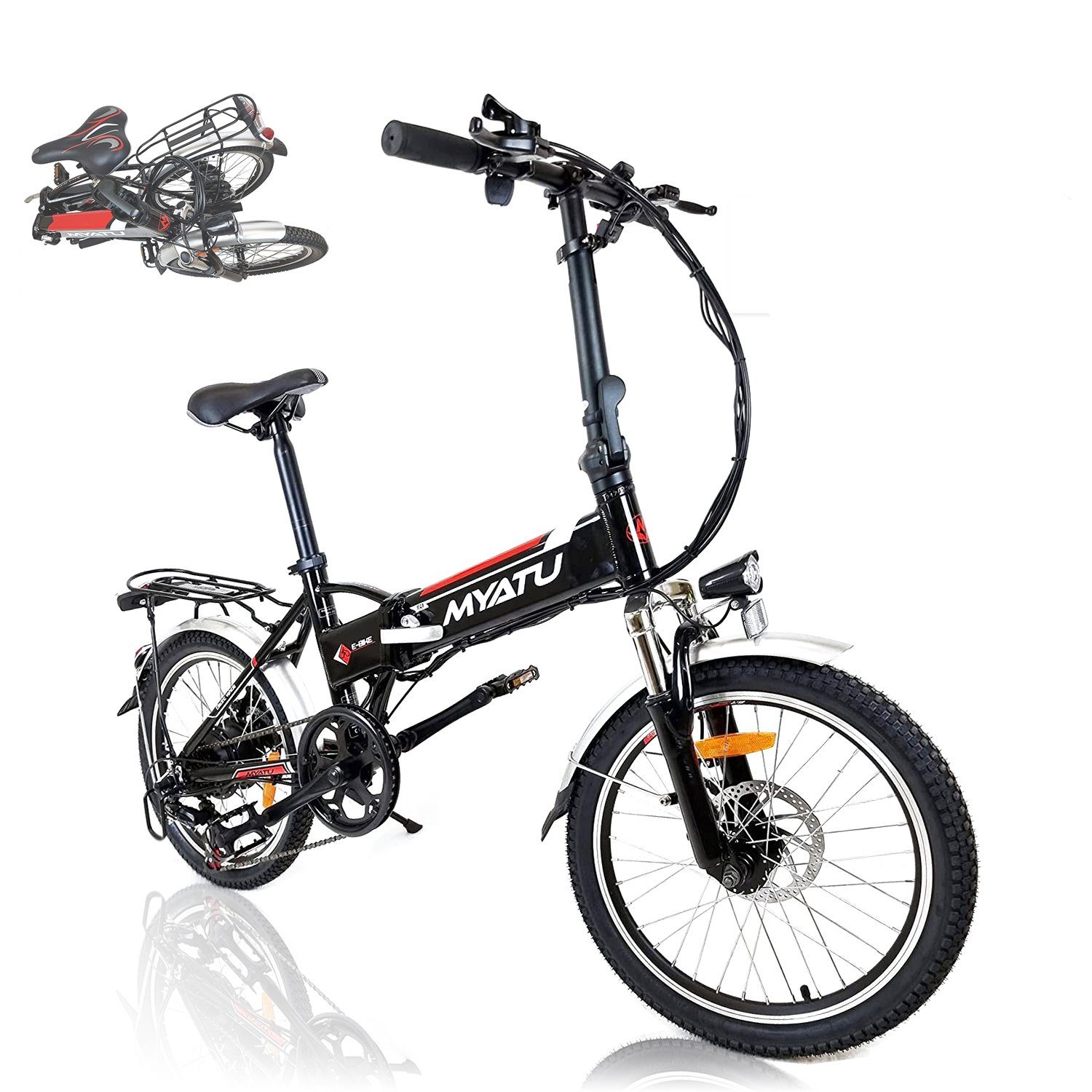Myatu E-Bike 20 Zoll E-Bike faltbares ebike mit 36V 10.4AH, 7 Gang Shimano, HECKMOTOR, mit 374Wh Lithium-Akku,Gabelfederung, Pedelec Elektrofahrrad
