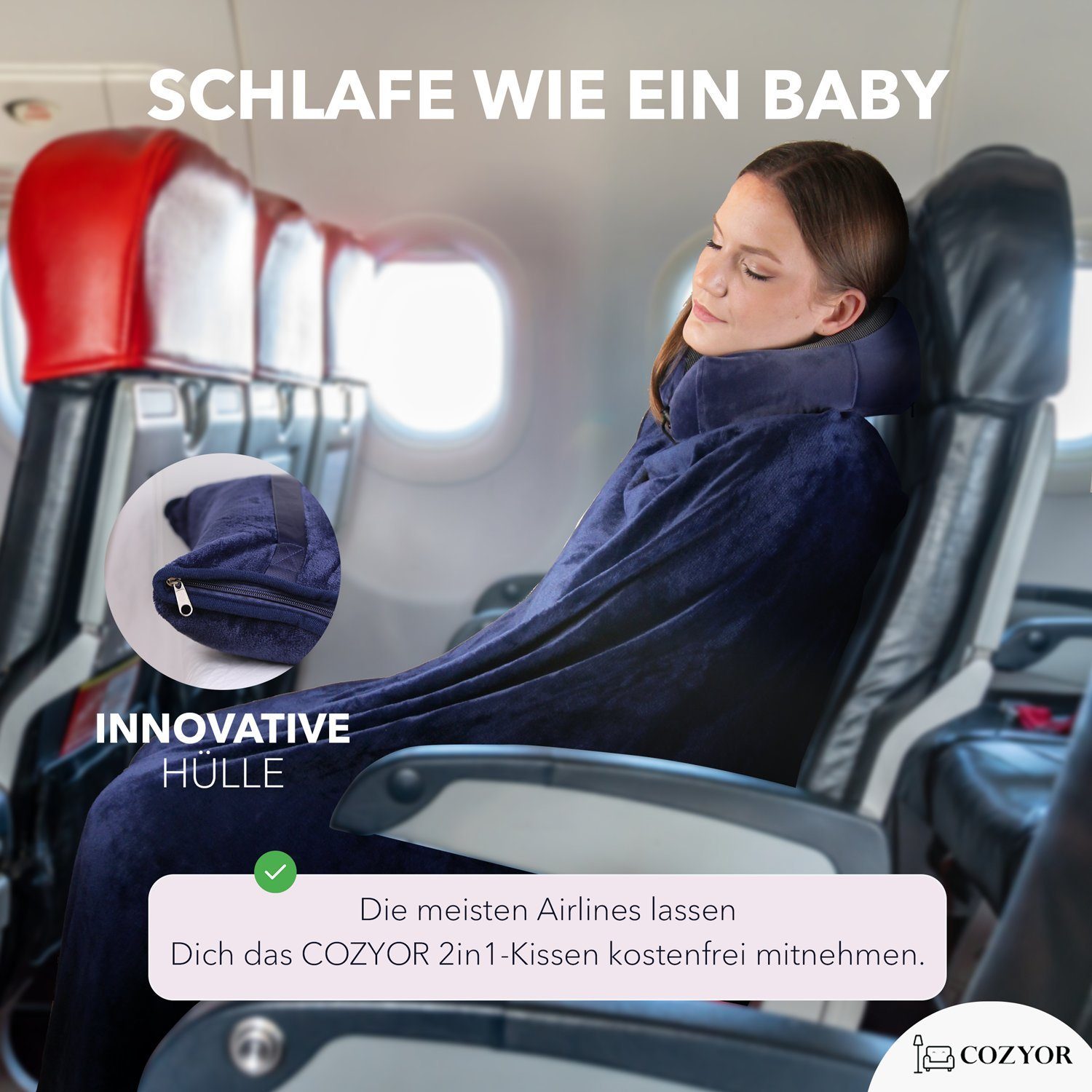 Cozyor Reisekissen und Reisedecke 2 in 1, Reiseset kuschelig weich + Rucksack-Clip, & mit praktischer Befestigung für Koffer, blau Ocean Serie, 1-tlg., Verwandlungskissen, Flugzeugdecke für unterwegs wahlweise mit Nackenkissen & Augenmaske