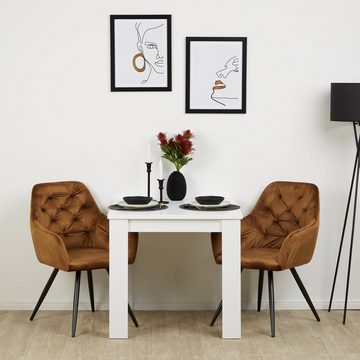 Homestyle4u Essgruppe Esstisch 80x80 cm Weiß Küchentisch mit 2 Stühlen Samt Braun Bronze, (Komplett-Set, 3-tlg)
