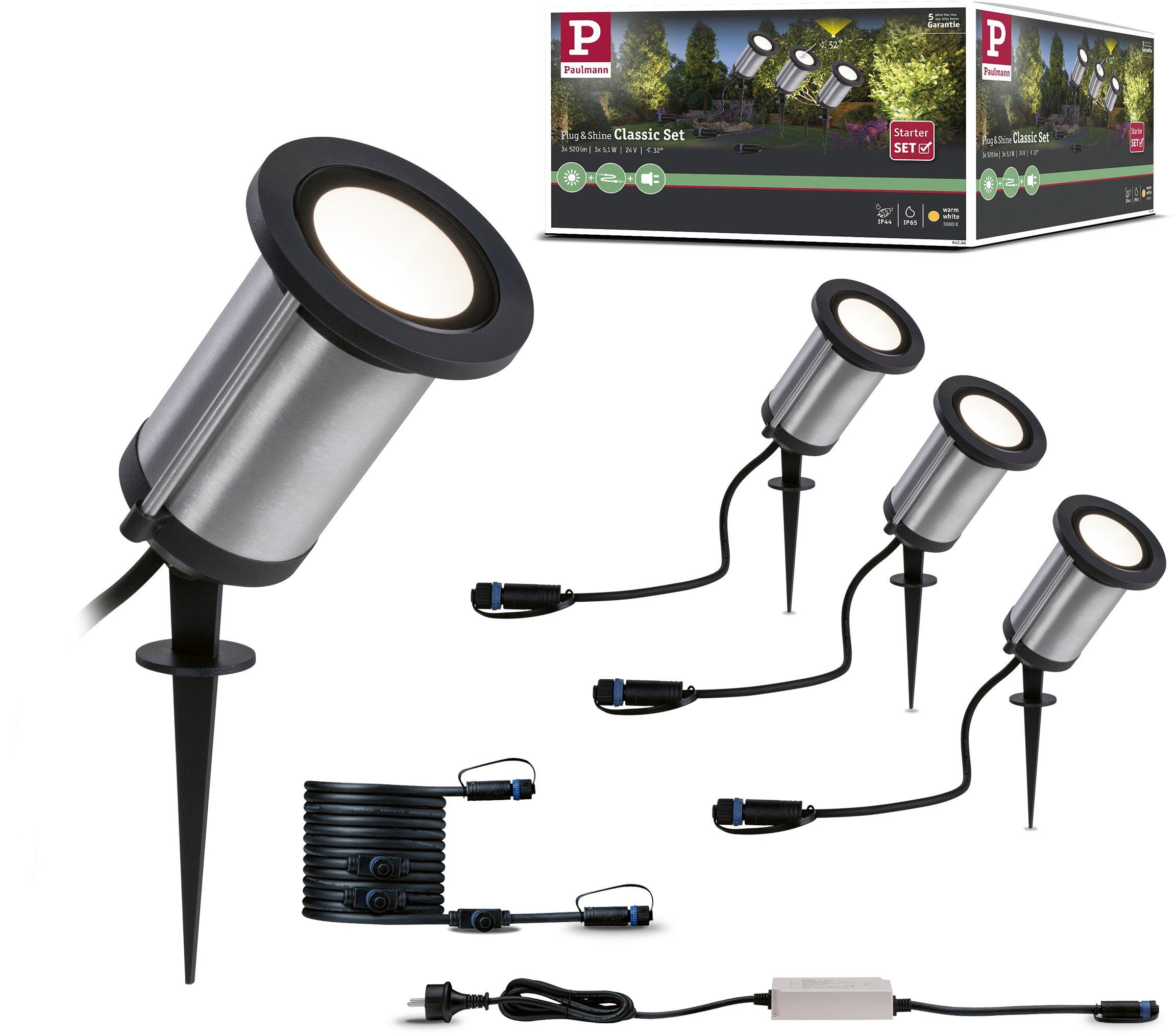 Paulmann LED Gartenstrahler Plug Warmweiß, Plug 6W IP65 3000K & LED-Modul, 24V LED fest Shine, & integriert, Shine