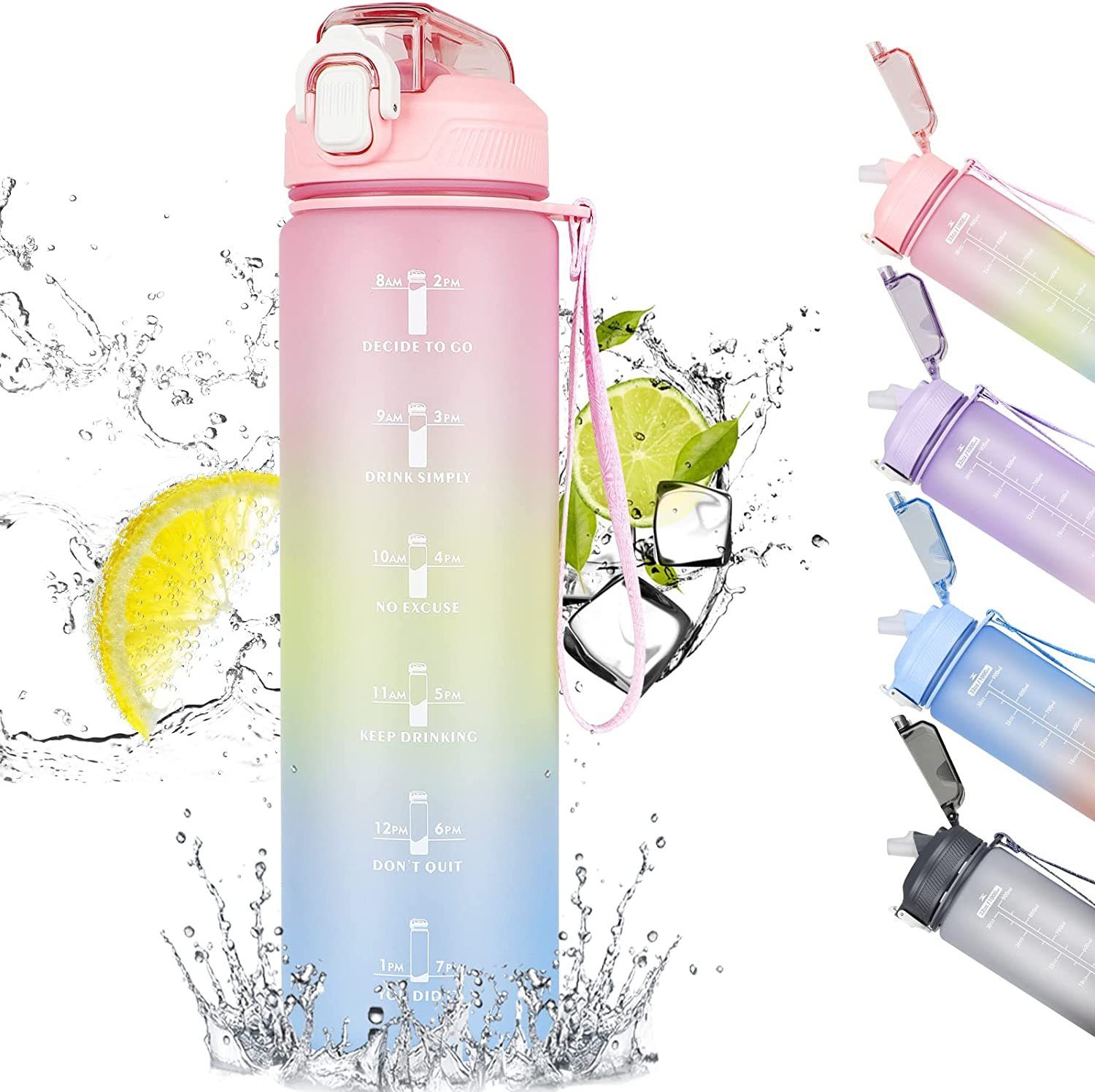 zggzerg Trinkflasche 1L Wasserflasche, Trinkflasche mit Strohhalm und Zeitmarkierung Pink