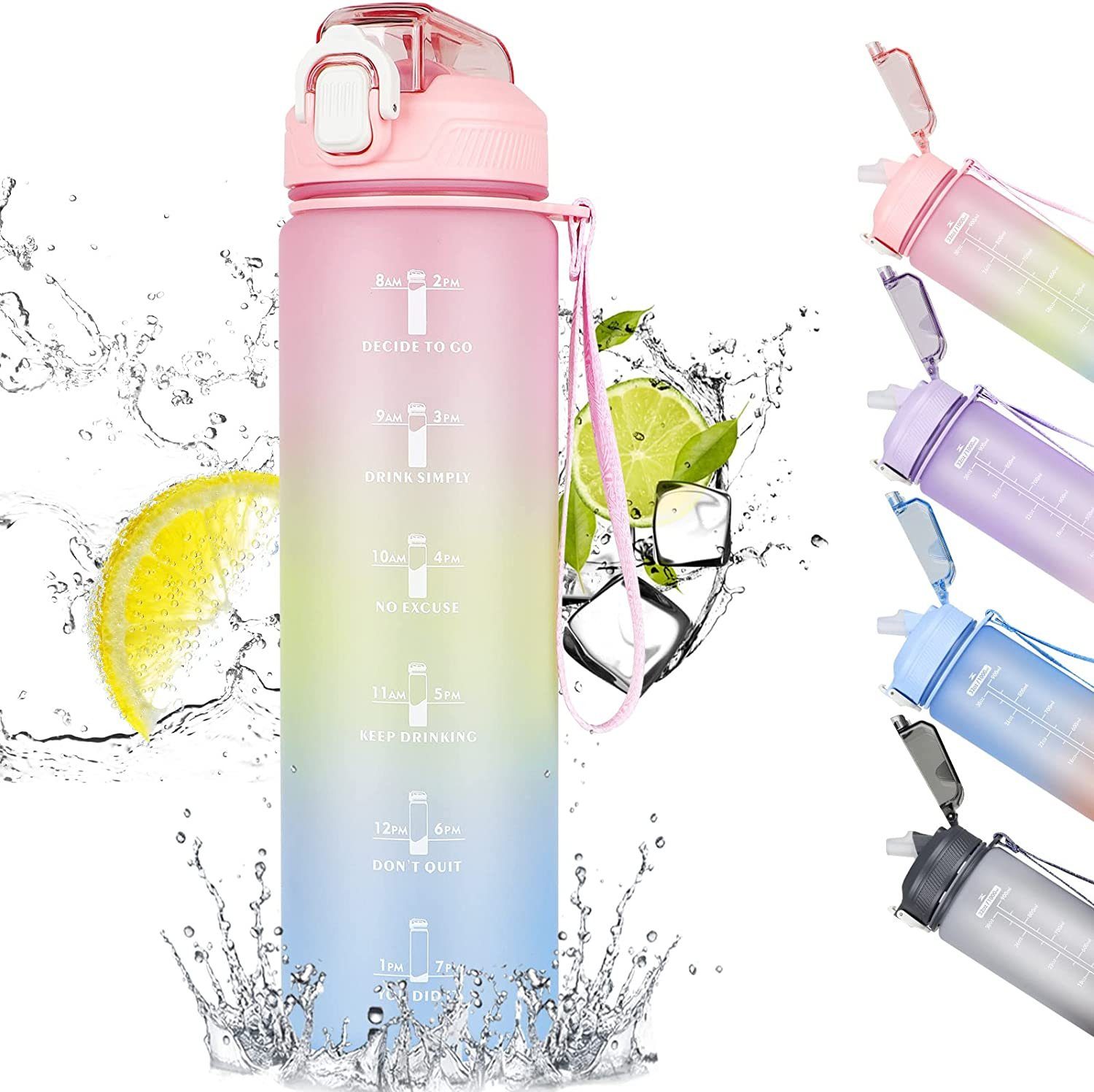 Trinkflasche Pink Trinkflasche zggzerg Zeitmarkierung und Wasserflasche, Strohhalm mit 1L