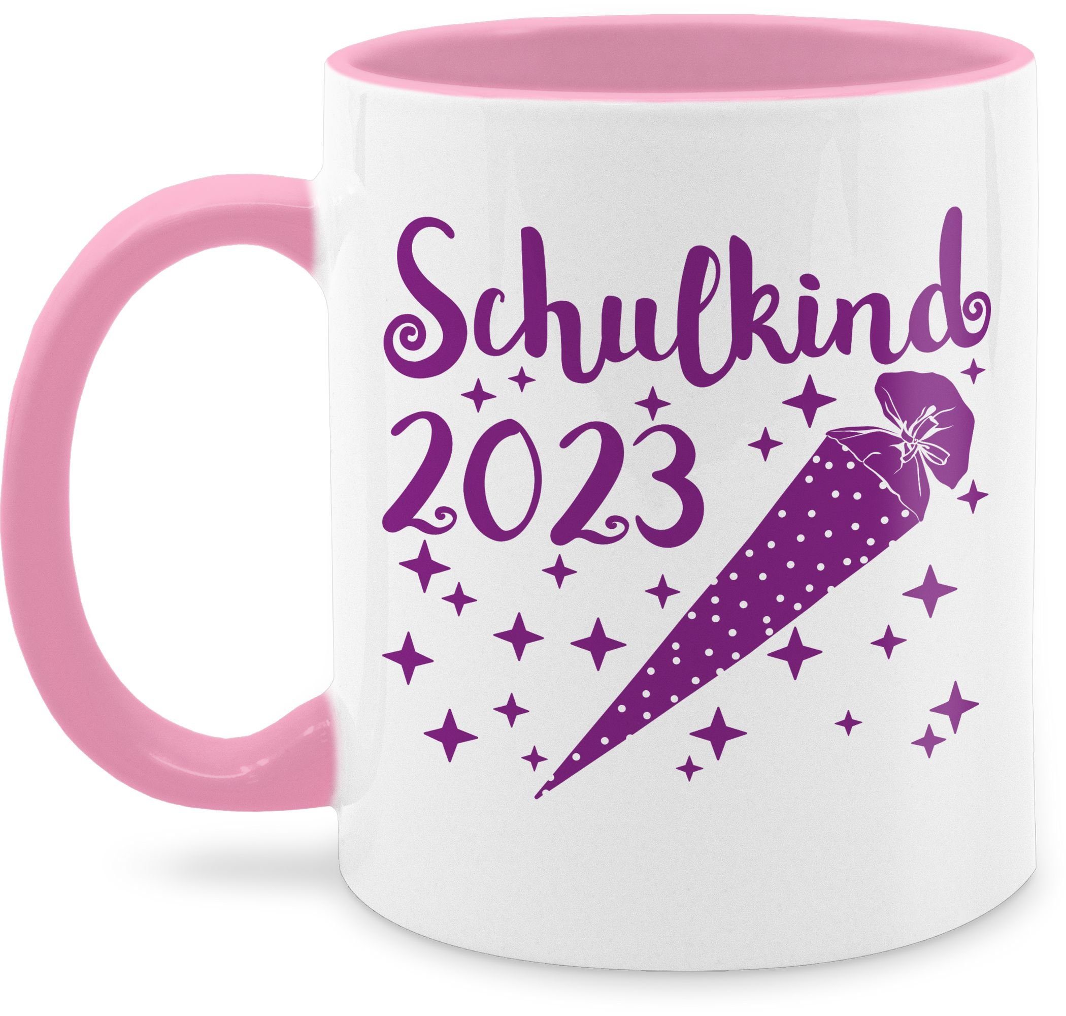 Shirtracer Tasse Schulkind 2023 - Schultüte und Sternchen - lila, Keramik, Einschulung Geschenk Tasse 1 Rosa