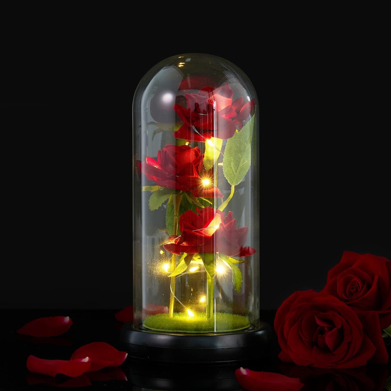 für Glaskuppel, Rose Geburtstag, im cm, Jubiläum, Valentinstag, Rot Höhe in Glas, Weihnachtstag Hauptdekor Kunstblume Ewige Seide 3 Rose 20.3 Bedee,