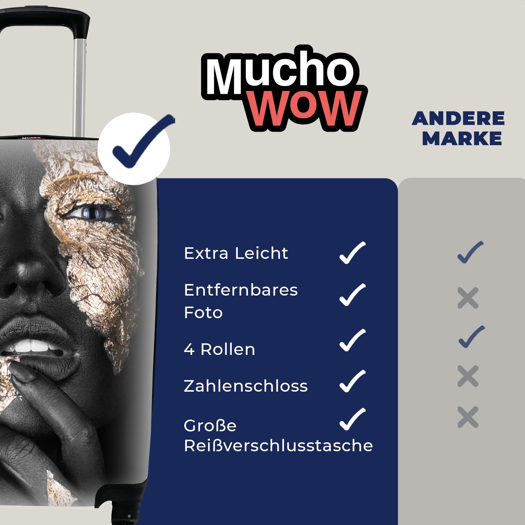 MuchoWow Handgepäckkoffer Trolley, Schwarz für Haut Reisekoffer 4 - - - Blattgold Frau Luxus, Handgepäck - Ferien, Reisetasche mit Rollen, rollen