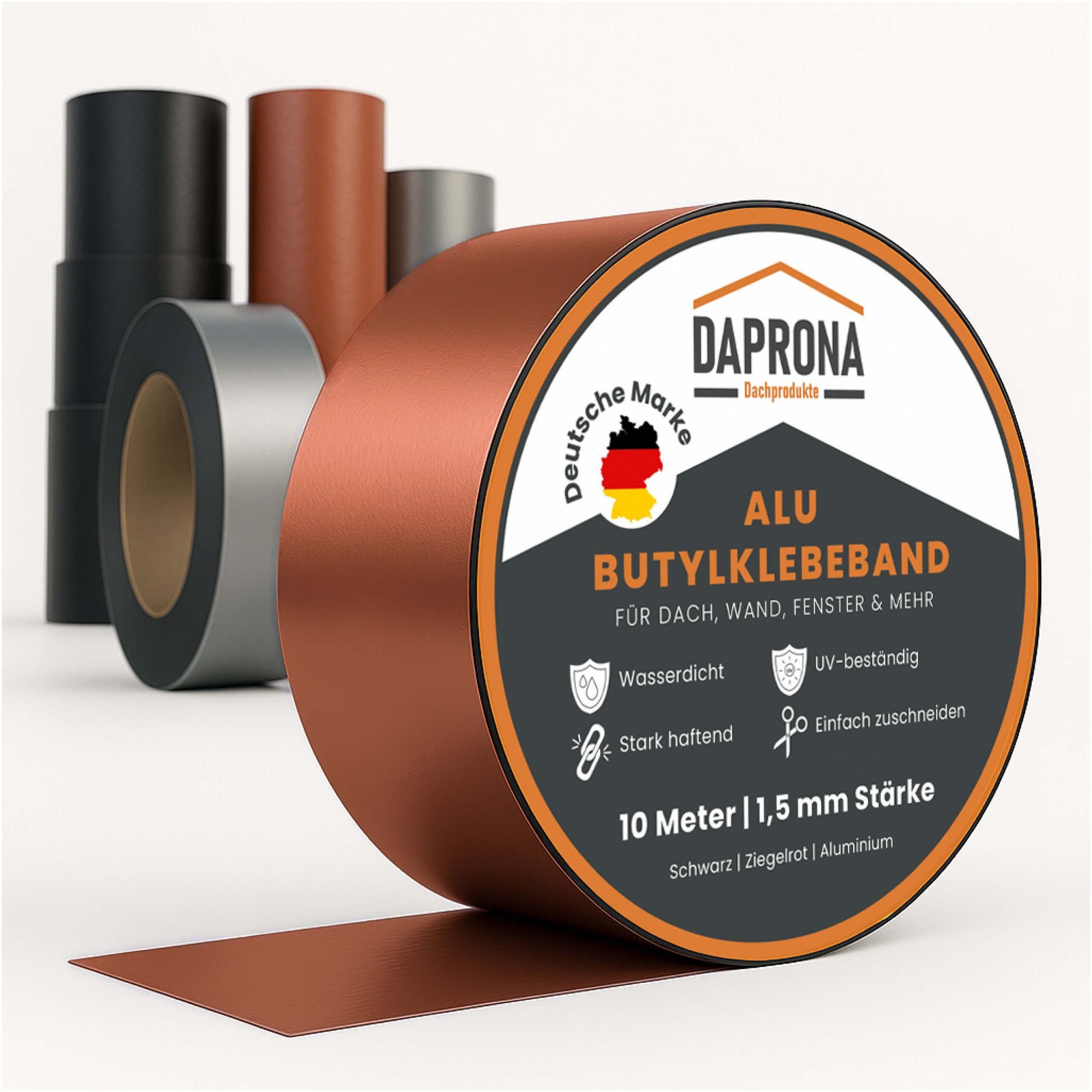 DAPRONA Dichtband (Butylband, Panzertape 10m x 75mm, 4 Stück Ziegelrot Dichtungsband Alu, 4-St) Reparaturband, Dichtband Fenster Dachrinne, wasserfest, hitzebeständig