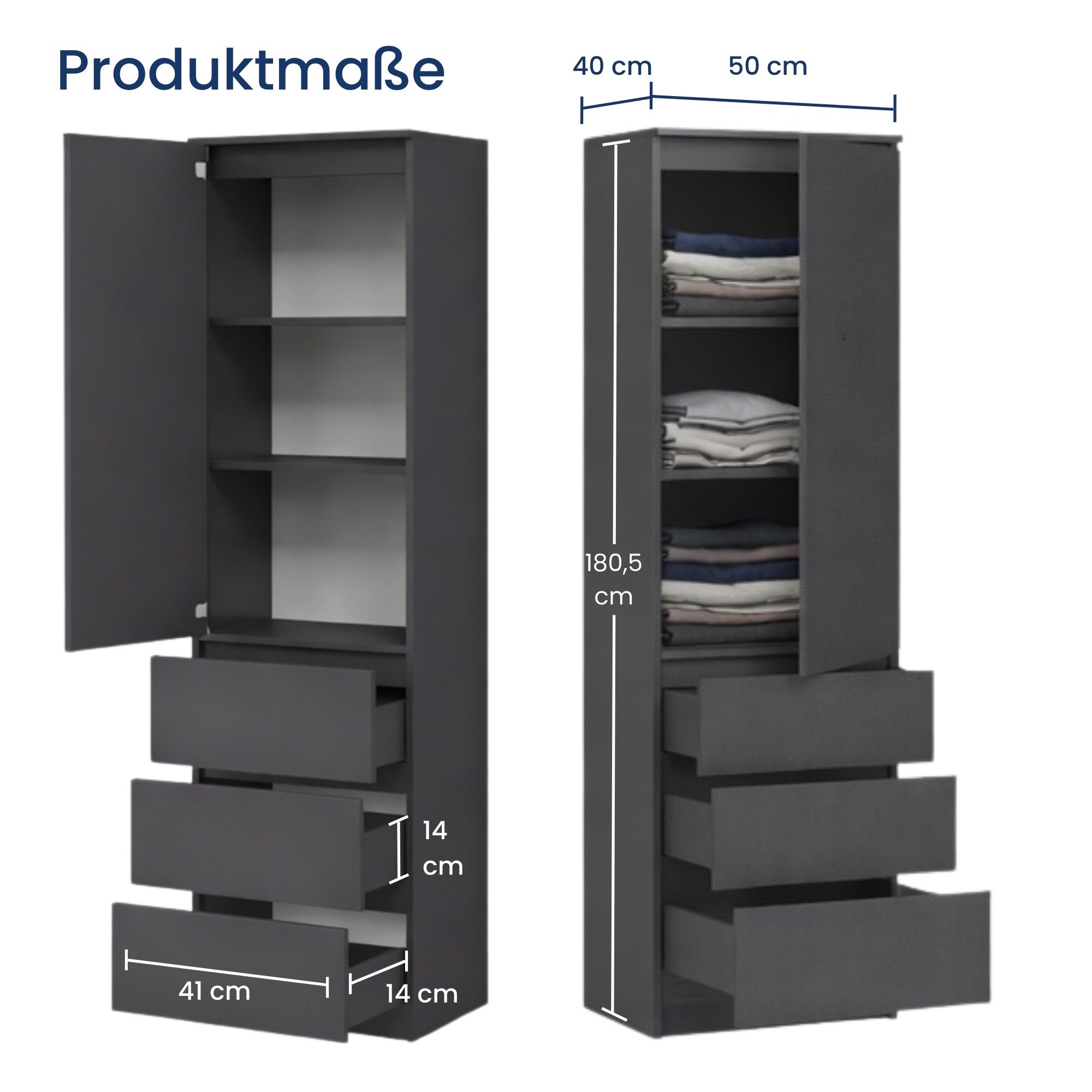 Home Collective Kleiderschrank Garderobenschrank Mehrzweckschrank Schrank platzsparend & vielseitig (50x40x180,5 cm (BxTxH), ideal für Schlafzimmer Flur & Arbeitszimmer) mit 1 Tür 3 Einlegeböden & 3 Schubladen in anthrazit