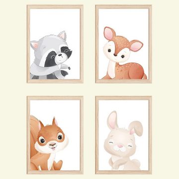 Tigerlino Poster Waldtiere 4er Set Bilder Waschbär Reh Eichhörnchen Hase Kinderzimmer
