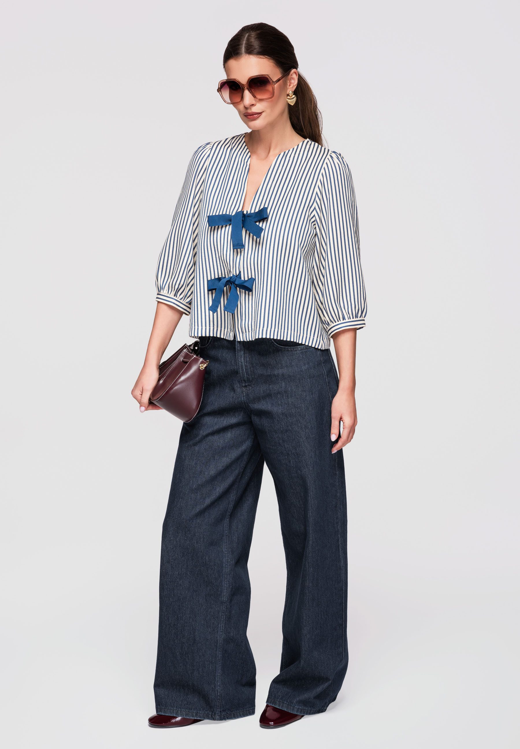 OMBRE Langarmbluse Damen Bluse Kurzarm Baumwolle V-Ausschnitt White/navy M/L (kein Set, 1-tlg) Kurze Bluse mit Bindedetail