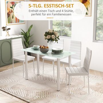 HOMCOM Essgruppe Esstisch mit 4 Stühlen, Küchentisch mit Hartglasplatte, (Esszimmermöbel, 5-tlg., Esstisch Set), für Küche, Esszimmer, Stahl, Weiß