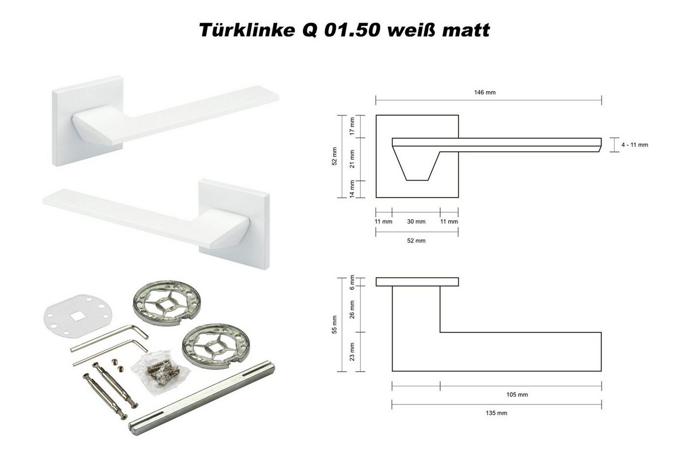 Thumbnail - Hexim Drückergarnitur Türklinke Q01.50 weiß matt, Zimmer Türgriffe WC / Bad Aluminium matt in 4 Farben - (Türklinke Q01)...