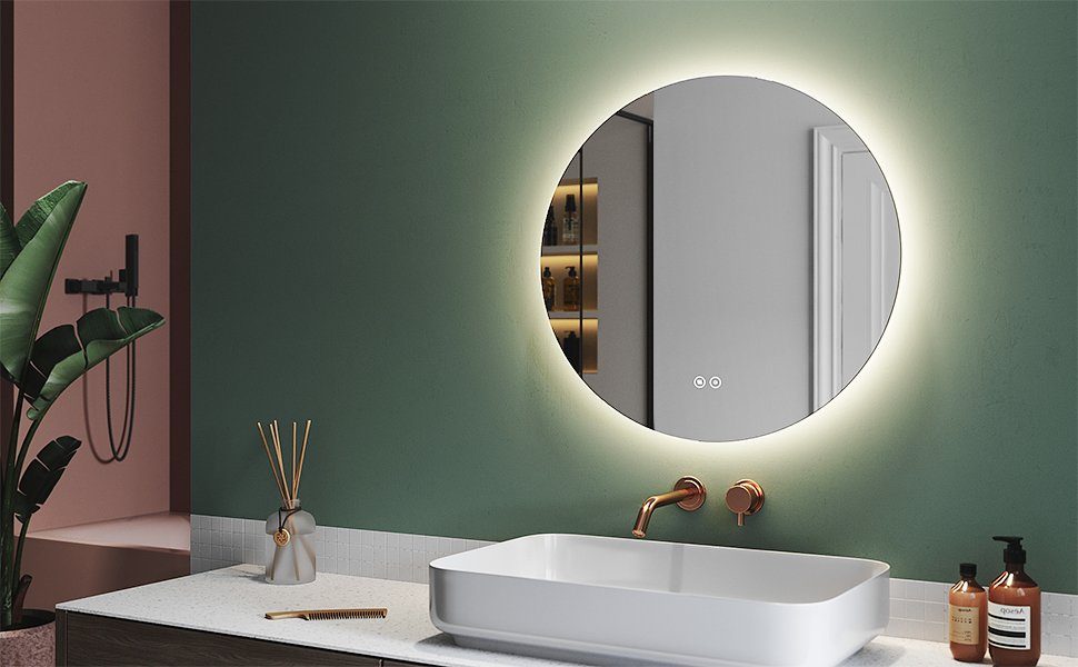 Badspiegel Wandspiegel, Rund mit Lichtfarbe Beleuchtung, Dimmbar 80/60cm, SONNI Touch-Schalter, Antibeschlage, Ø Energiesparend, Badspiegel