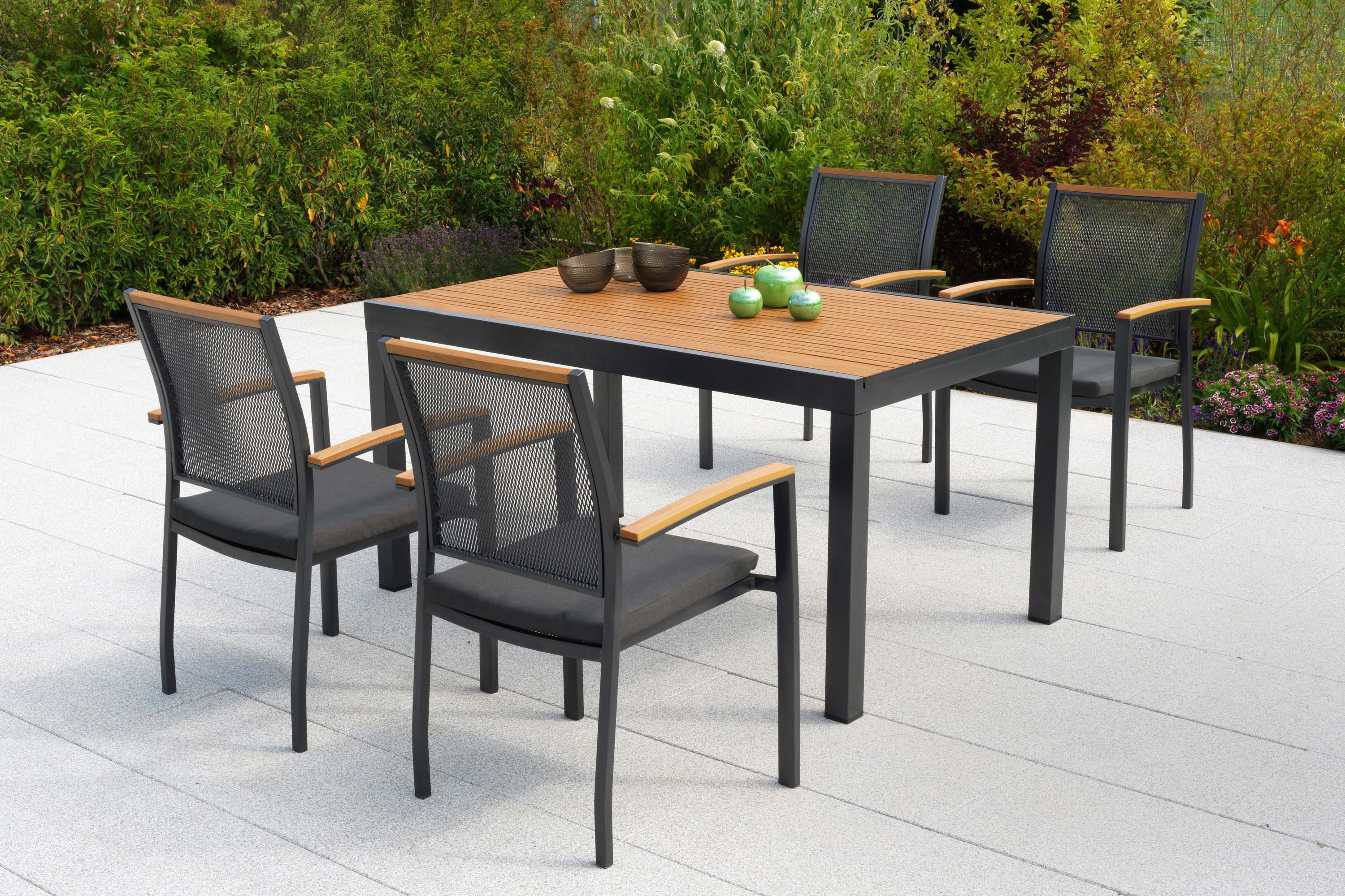 MERXX Garten-Essgruppe Itanos, (Set, 9-tlg), inkl. 4 Stapelsessel, 4 Auflagen, 1 Tisch