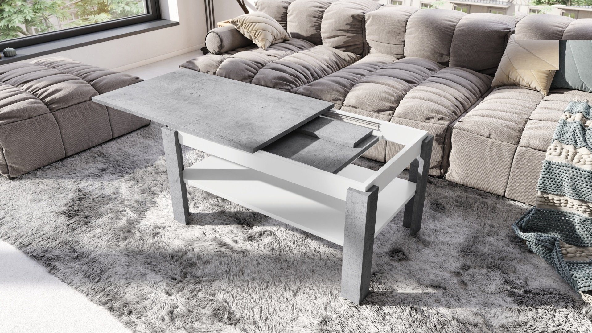 Tisch designimpex Couchtisch Weiß matt Esstisch Design ausziehbar Ablagefläche mit Asti-R / Beton Couchtisch