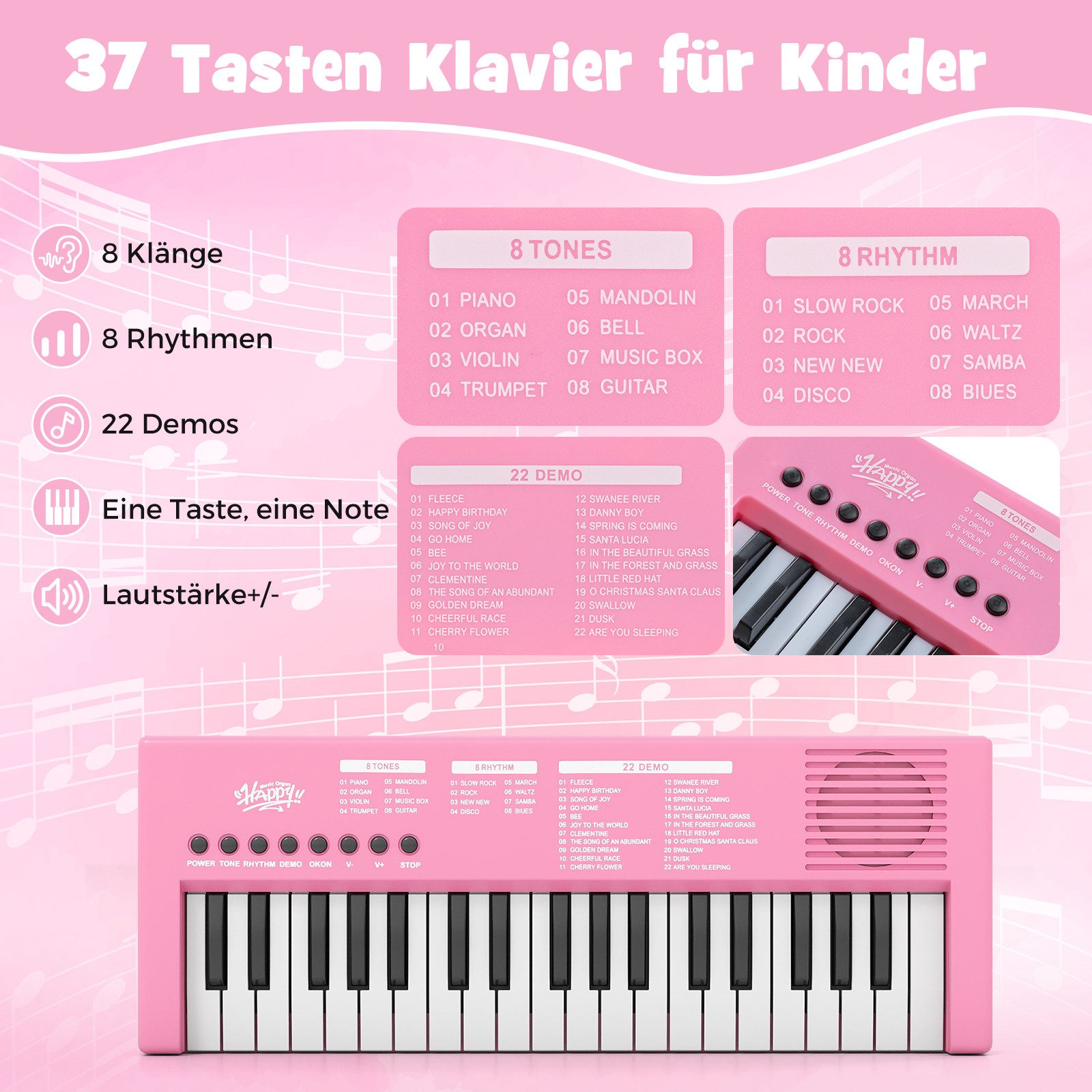 COSTWAY Home-Keyboard (1-St), Kinder Klavier Keyboard, 37 Tasten E-Piano, tragbar
