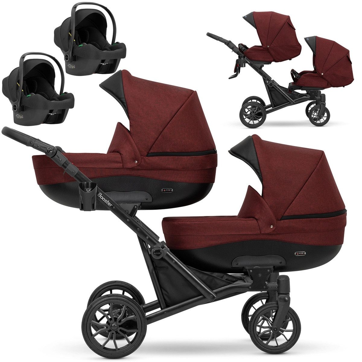 KUNERT Zwillings-Kombikinderwagen 3 in1 Zwillingskinderwagen BOOSTER mit schwarzem Rahmen, Zertifiziert von TUV NORD und ZETOM, entspricht EN 1888-1:2018