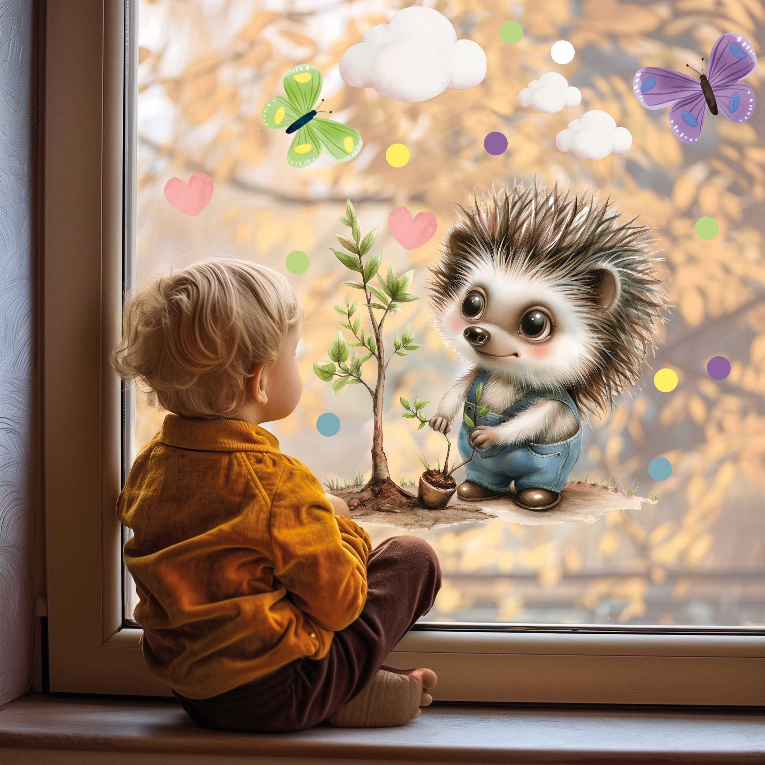 Sunnywall Fensterdekoration wiederverwendbares Fensterbild Igel Gärtner günstig online kaufen