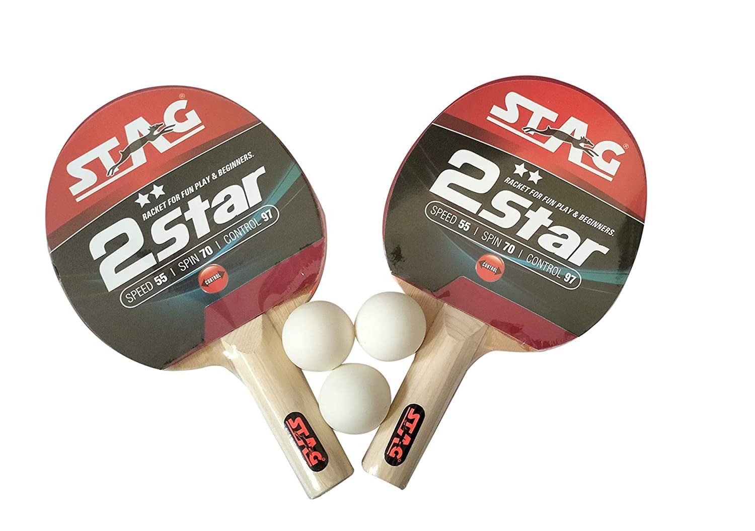 STAG ICONIC PRIVATE LIMITED Tischtennisschläger 2 Star TT Spielset mit weißen Bällen ITTF-zugelassen (Leichtes Paddel mit ausgestelltem Griff), ITTF-zugelassen