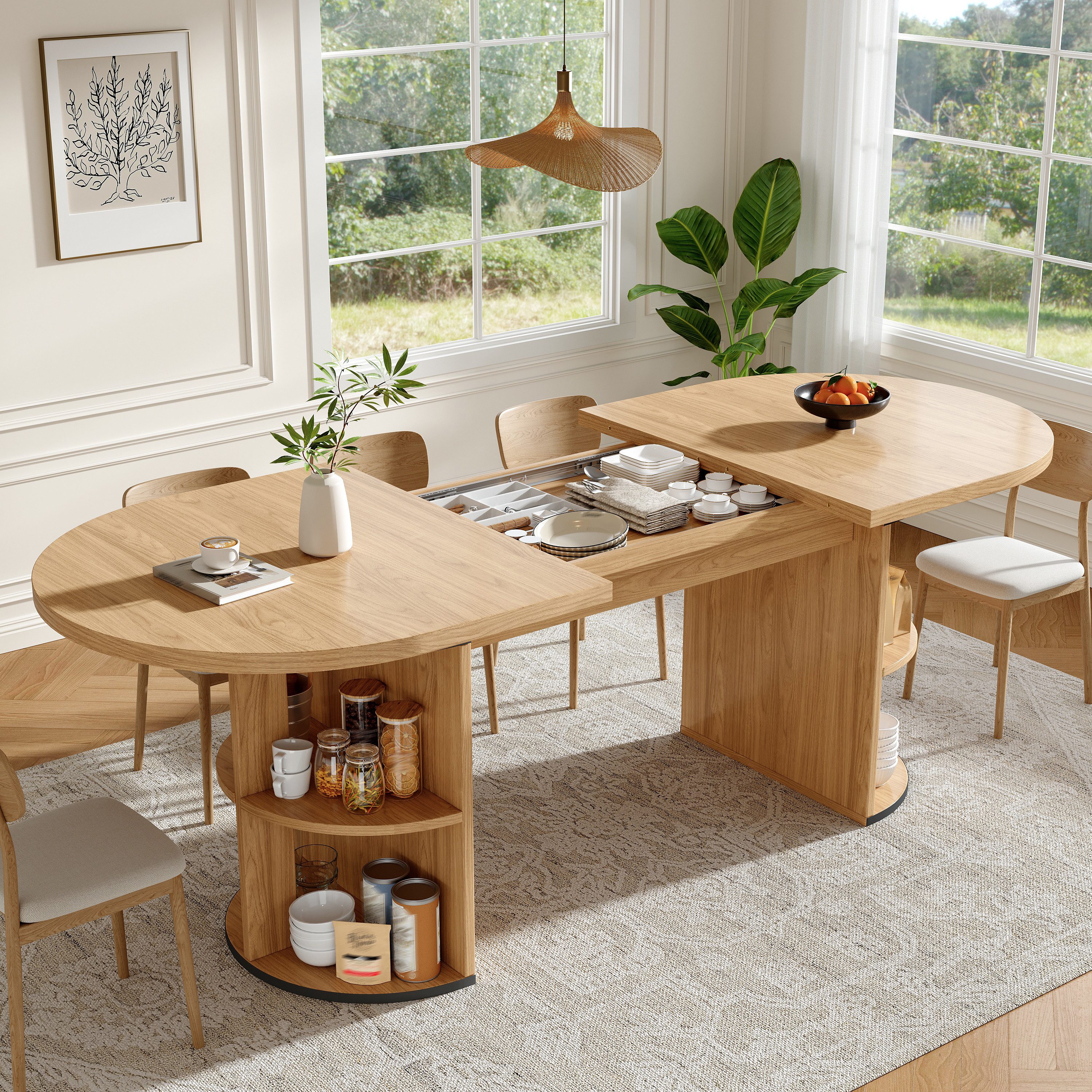 KLAM HOME Esstisch Ausziehbarer Esstisch mit verstecktem Staufach in Naturbraun (Flexibler Tisch 120-160cm aus MDF für Küche, Wohn- & Arbeitszimmer), Stabiler Ausziehtisch mit verdickter Platte & werkzeugloser Montage