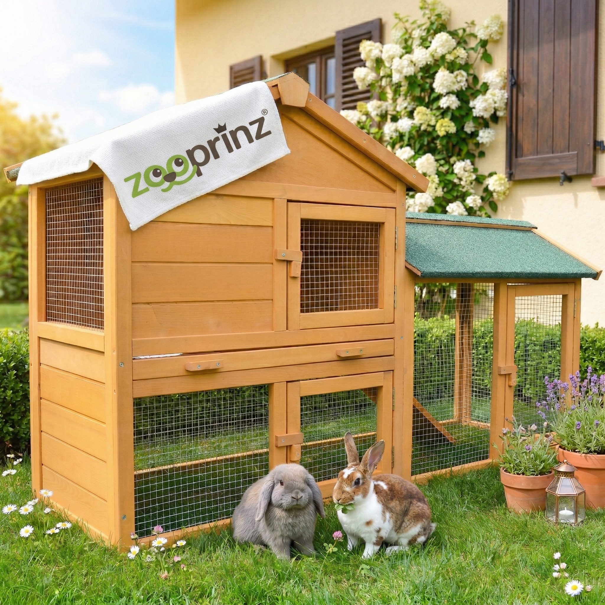 Zooprinz Kleintierstall Villa mit Auslauf 147x85x53 cm (BxHxT), Metall Kotschubladen - Kiefernholz mit Auslaufgehege